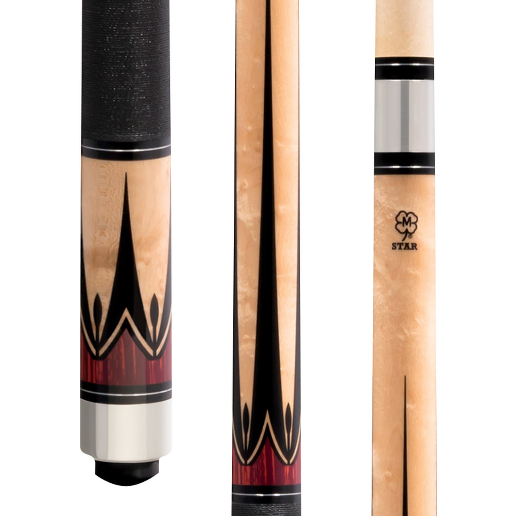 McDermott Star S9 pool cue featuring birdseye maple construction, multi-color overlay points, and an Irish linen wrap.
