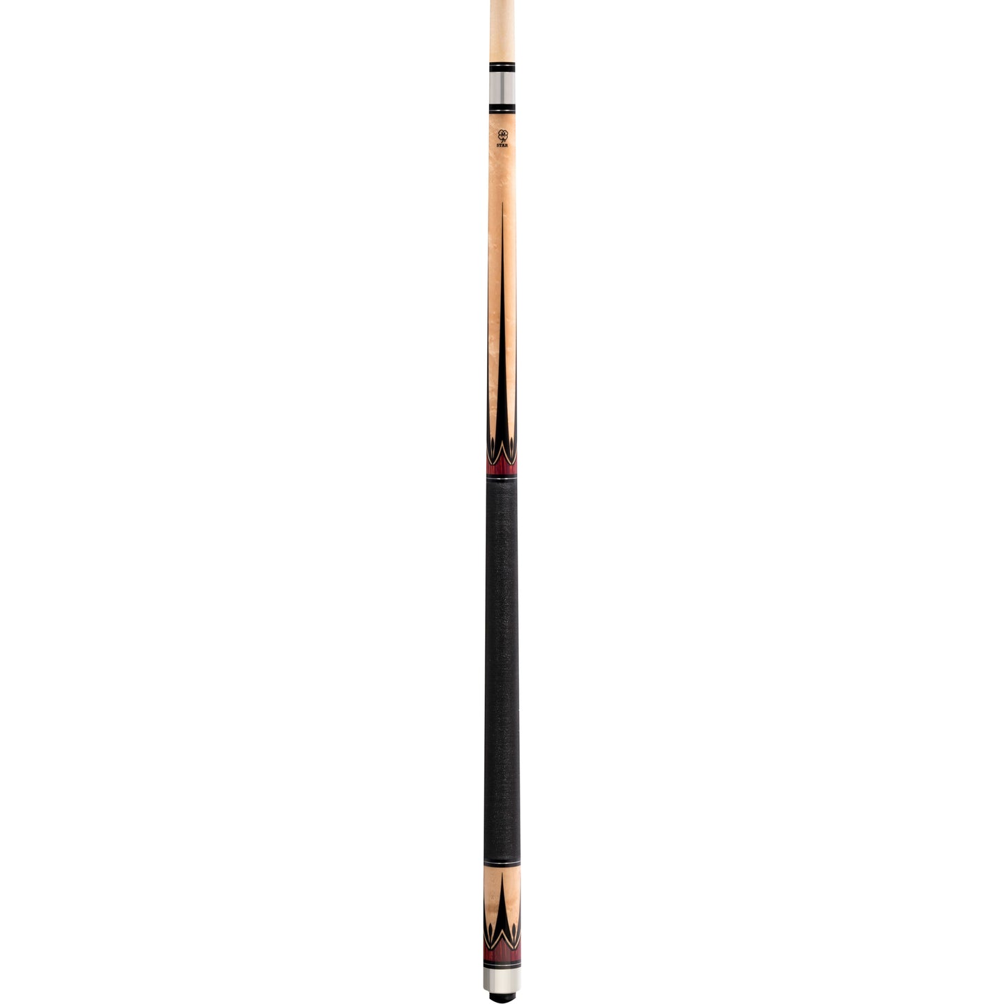 Close-up of the McDermott Star S9 pool cue showing the traditional Irish linen wrap and the stainless steel 3/8x10 joint collar.