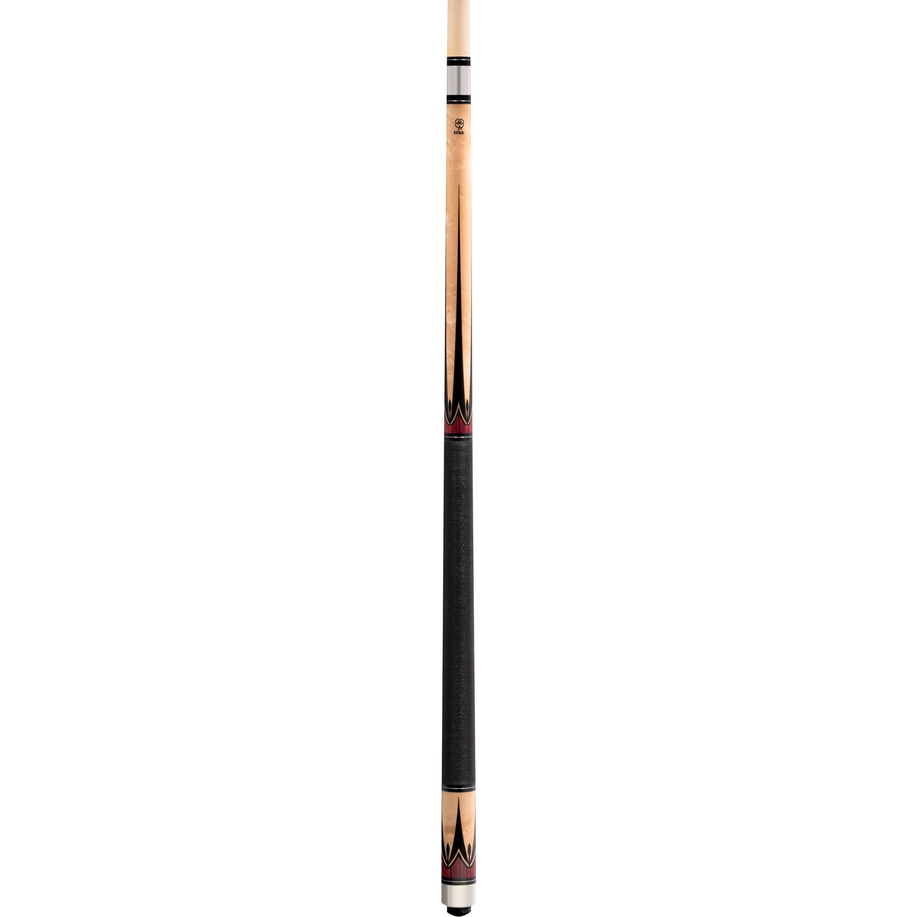 Close-up of the McDermott Star S9 pool cue showing the traditional Irish linen wrap and the stainless steel 3/8x10 joint collar.