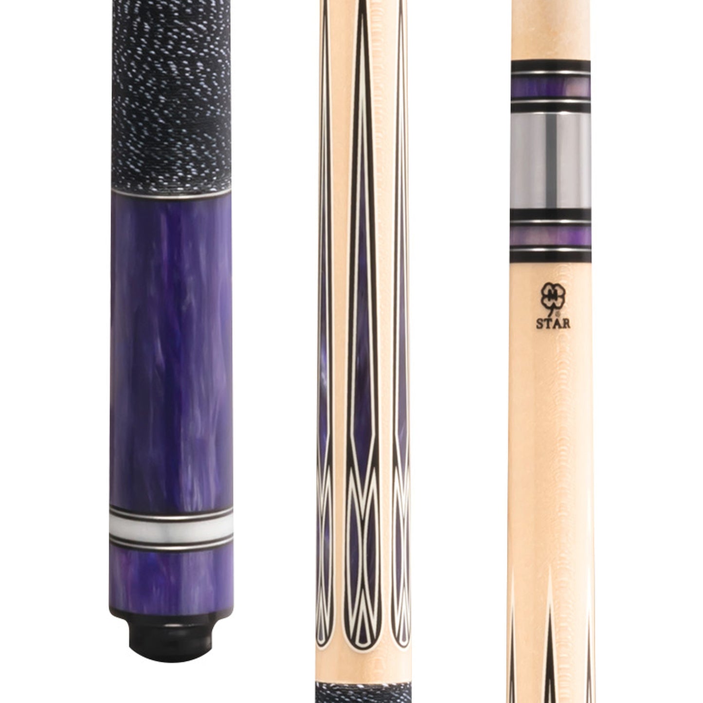 Star SP pool cue featuring purple pearl graphic design and multi-color points. STAR-SP