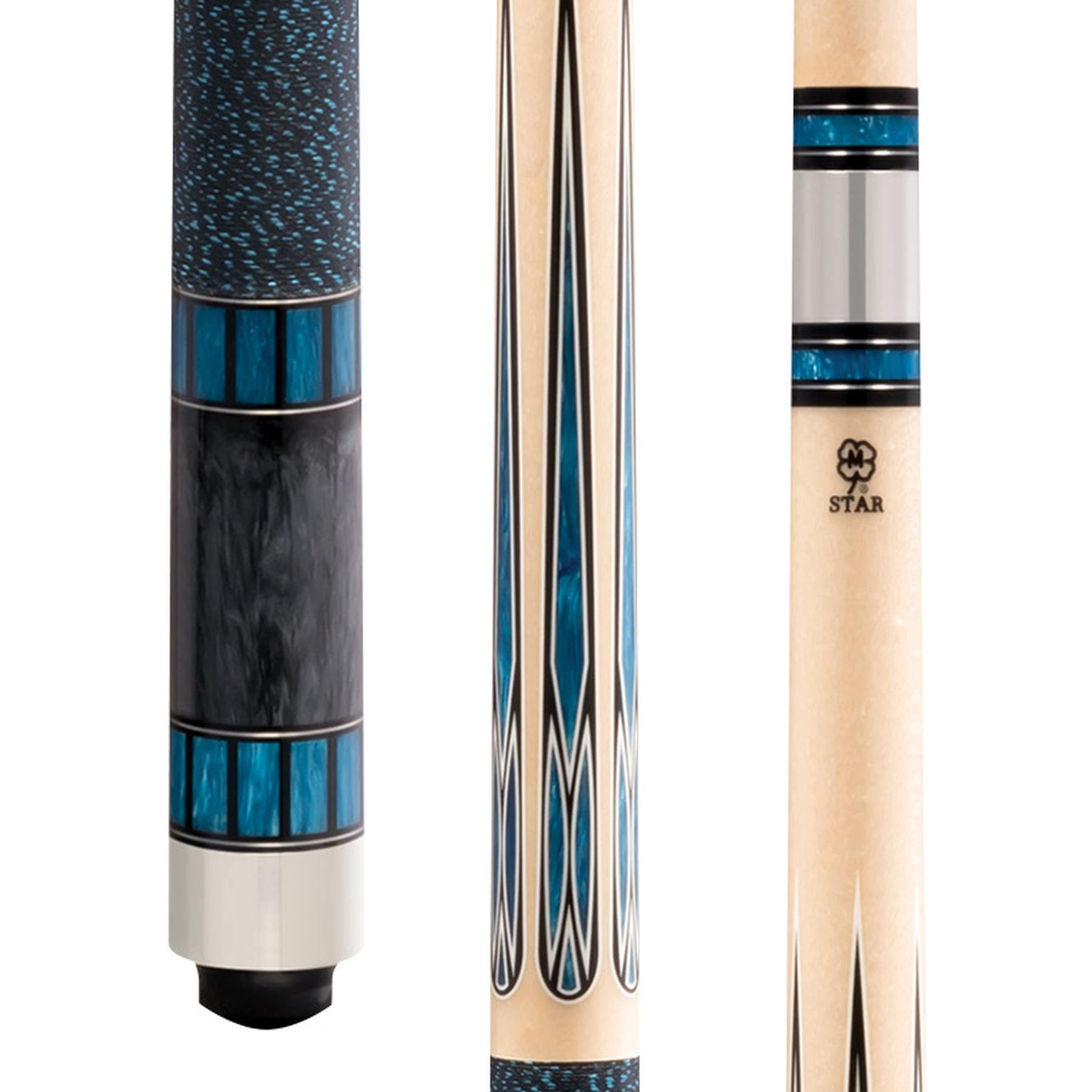 Star SP3 pool cue butt, forearm with blue pearl graphic design and Irish linen