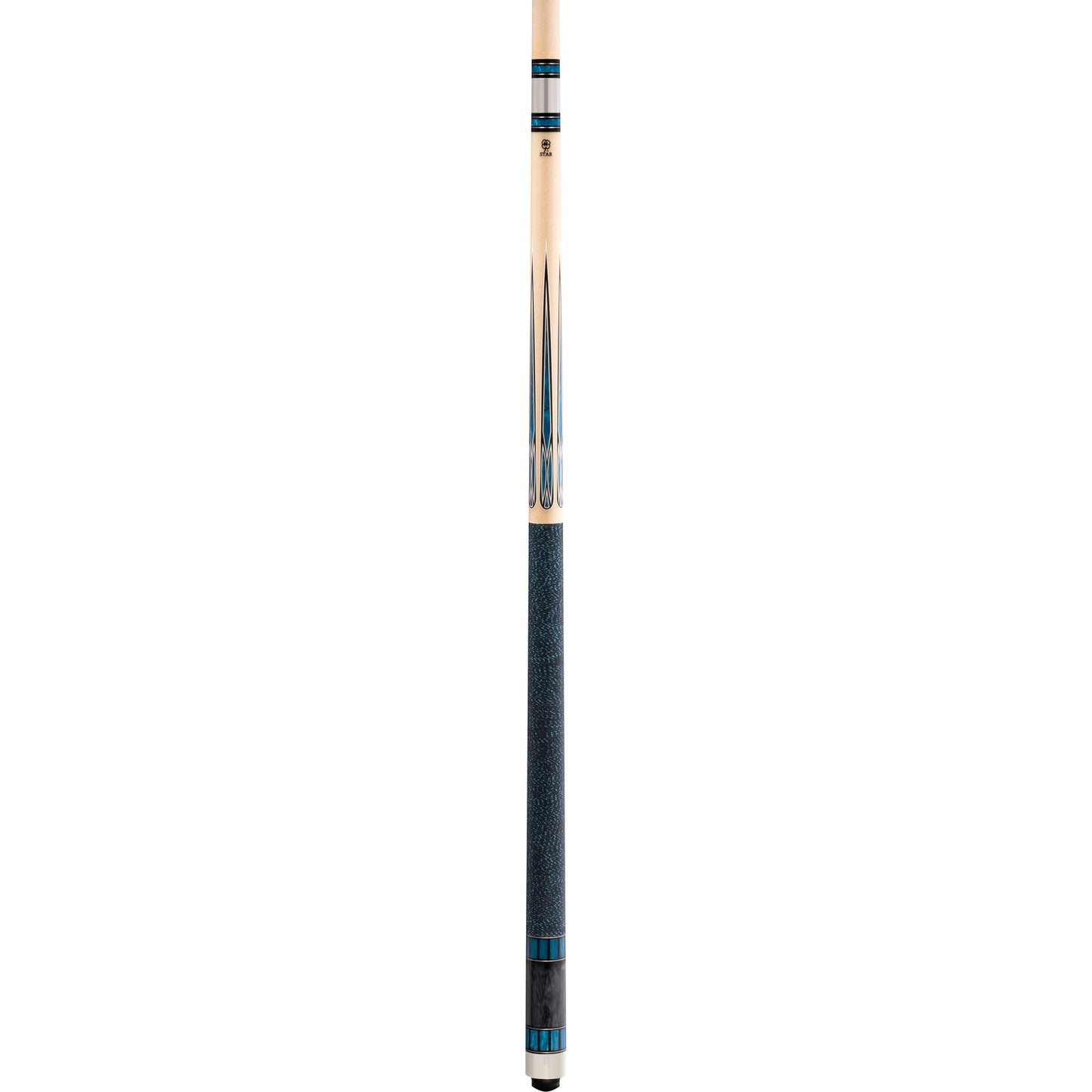 Full view of a pool cue with blue accents and dark wrap.
