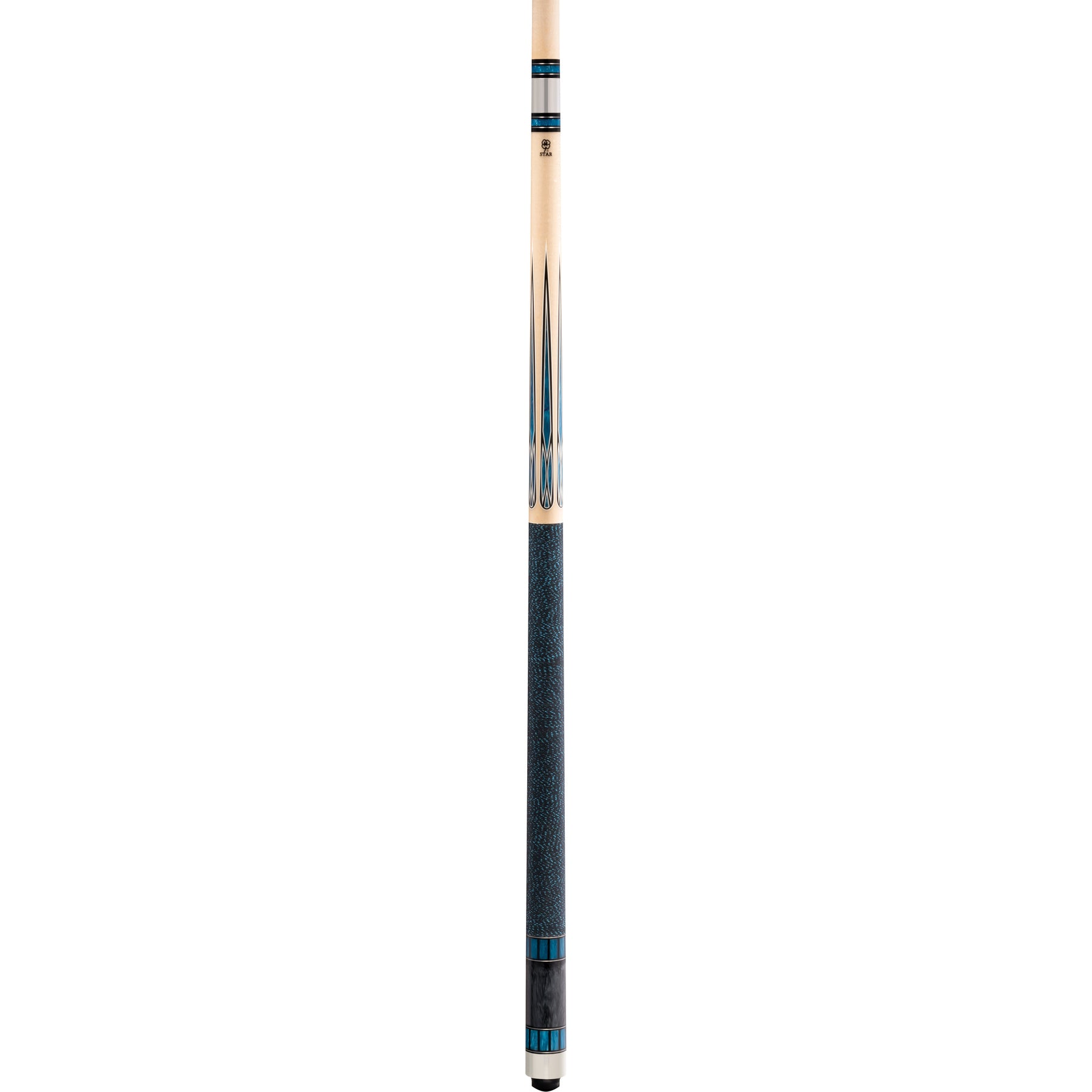 Full view of a pool cue with blue accents and dark wrap.
