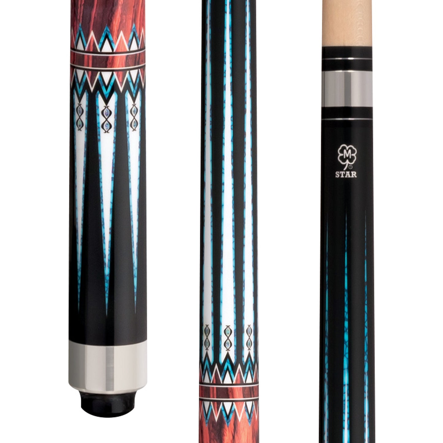 McDermott Star S87 pool cue with a black painted design, turquoise spear-style lines, and reddish wood-tone graphic accents, featuring a black wrapless handle.