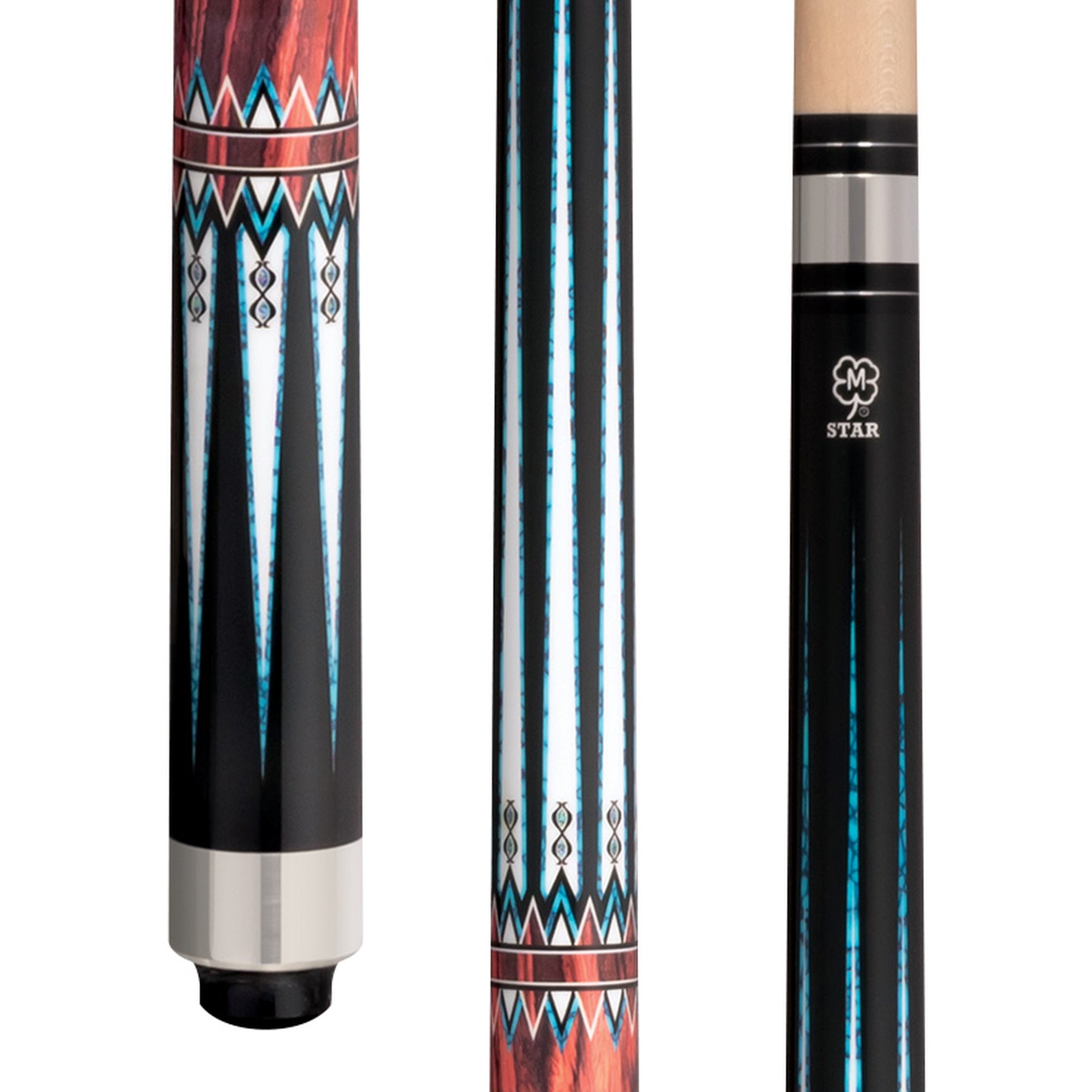 McDermott Star S87 pool cue with a black painted design, turquoise spear-style lines, and reddish wood-tone graphic accents, featuring a black wrapless handle.