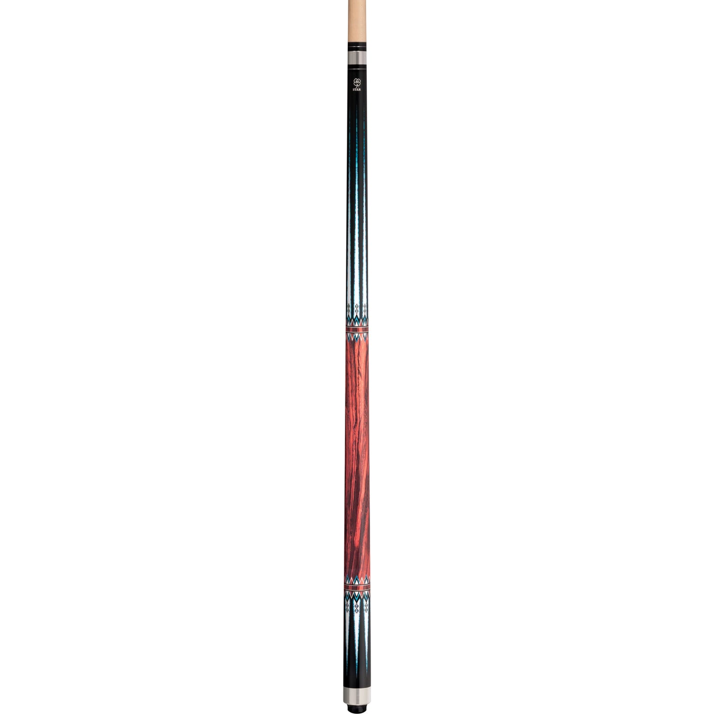 Close-up of the McDermott Star S87 pool cue's black painted design with turquoise spear-style lines and a stainless steel 3/8
