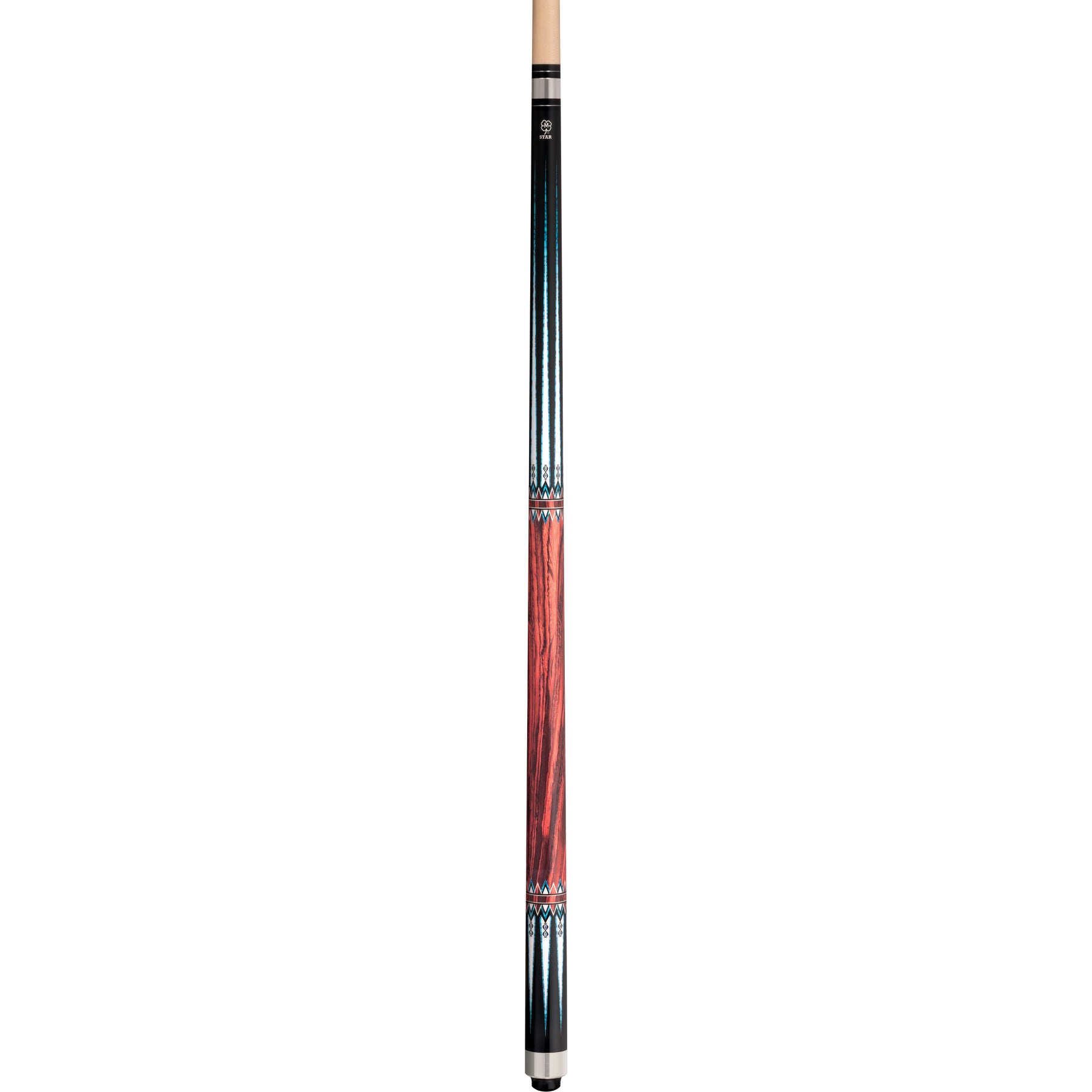 Close-up of the McDermott Star S87 pool cue's black painted design with turquoise spear-style lines and a stainless steel 3/8" x 10 joint.