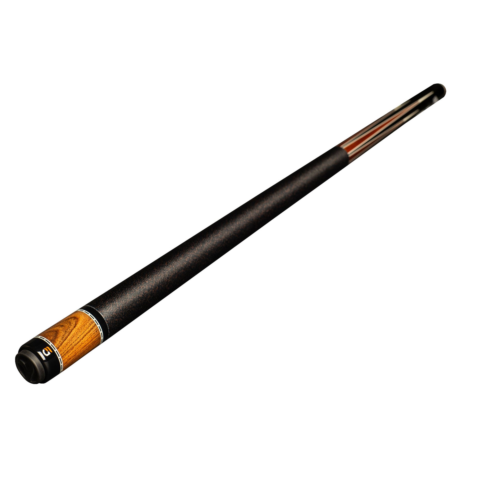 Angled view showcasing the grip and wood detail of the pool cue.