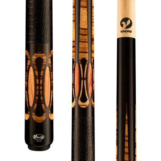 Viking OV0700 pool cue showing detailed wood graphic design and leather grip.