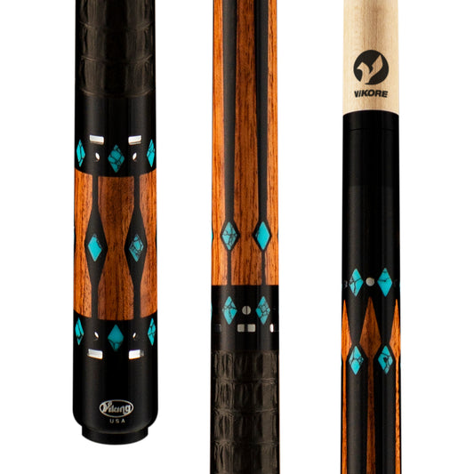 Viking Ovation OV0800 pool cue with wood, turquoise, and black graphic design.