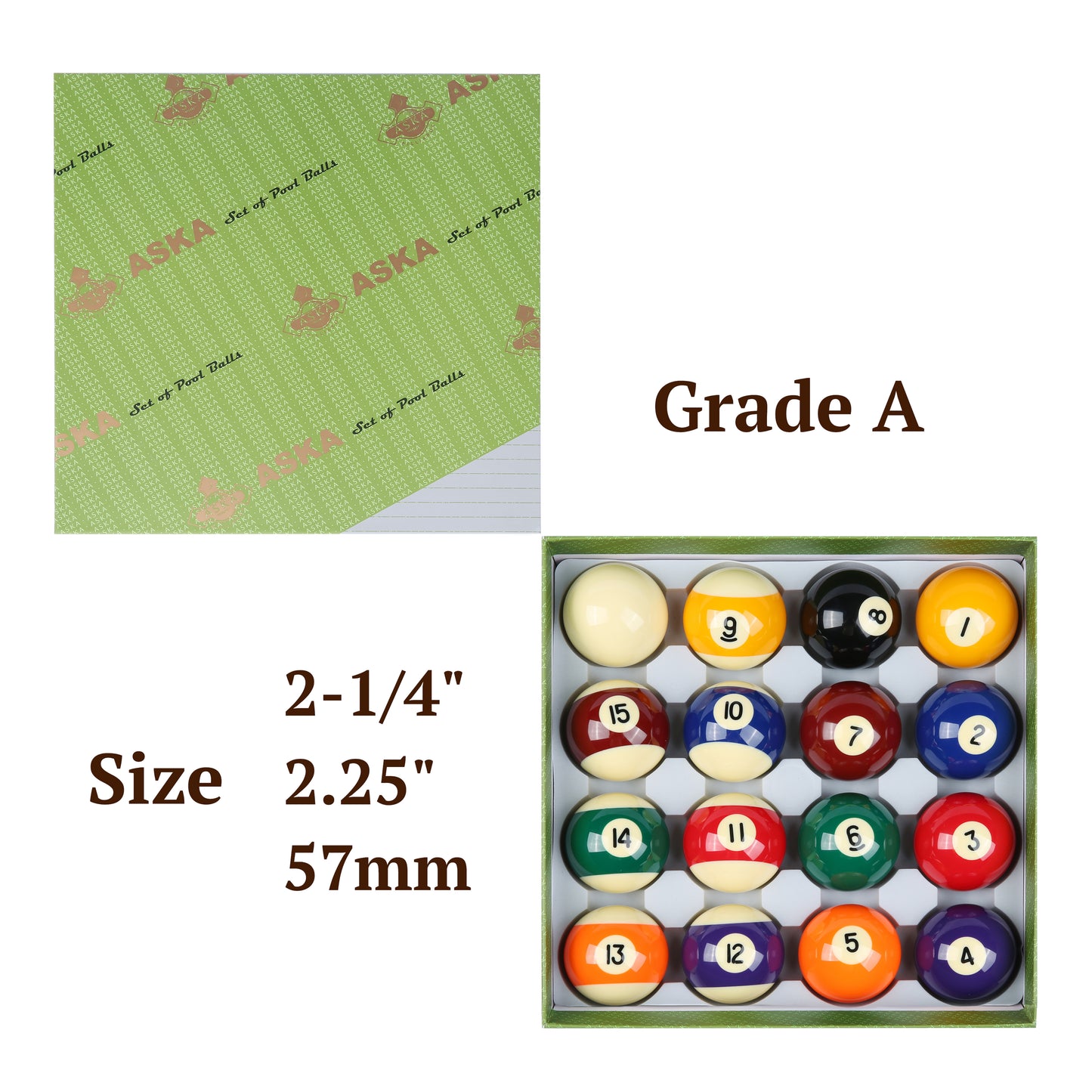 Aska Billiards Pool Boston Numbered Balls Set, 16 Balls Including a Cue Ball, 2 1/16 inch, PB116A billiard pool cue stick by ASKA