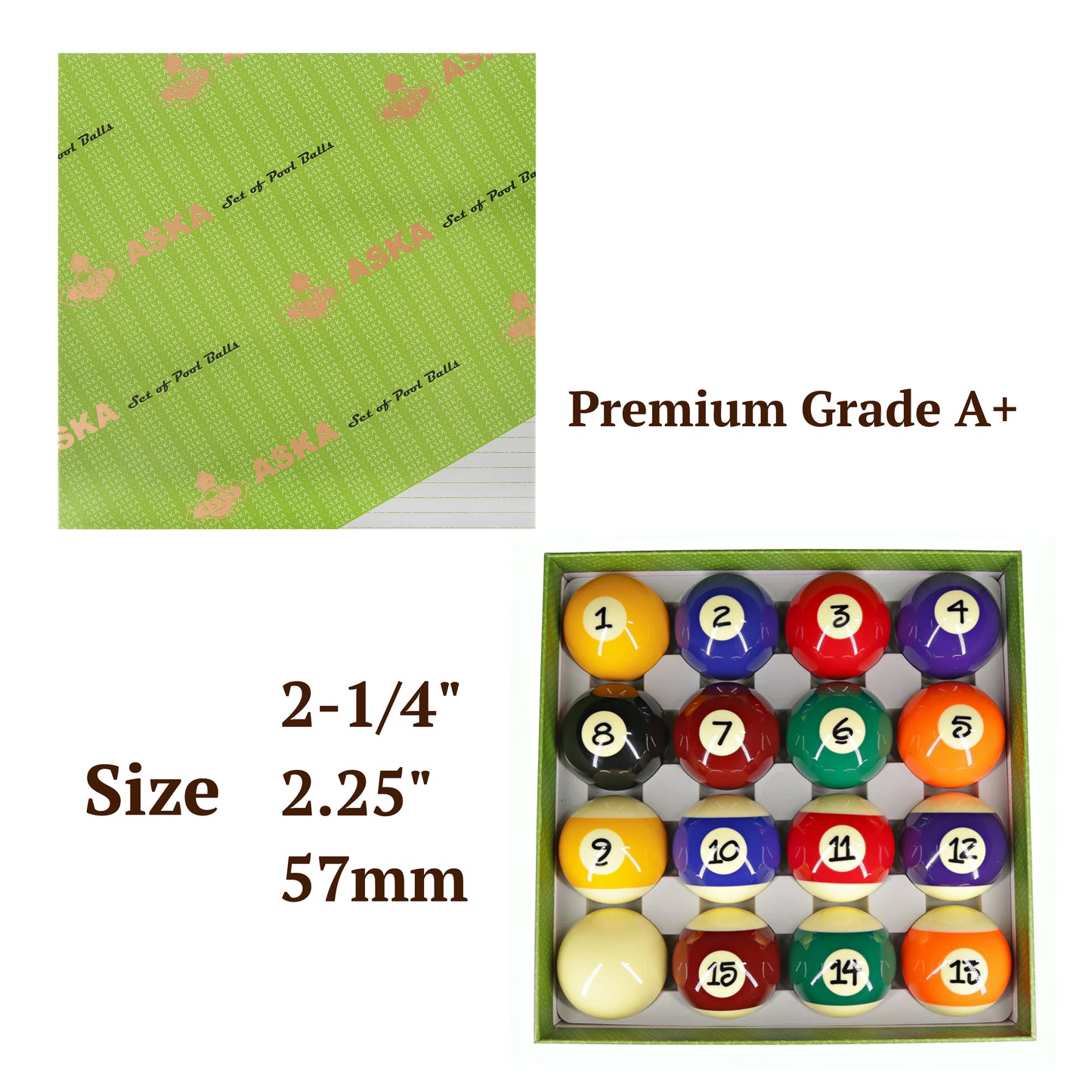 Aska Billiards Grade A Pool Boston Numbered Balls Set, 16 Balls Including a Cue Ball, 2 1/4 inch, PB17 billiard pool cue stick by ASKA