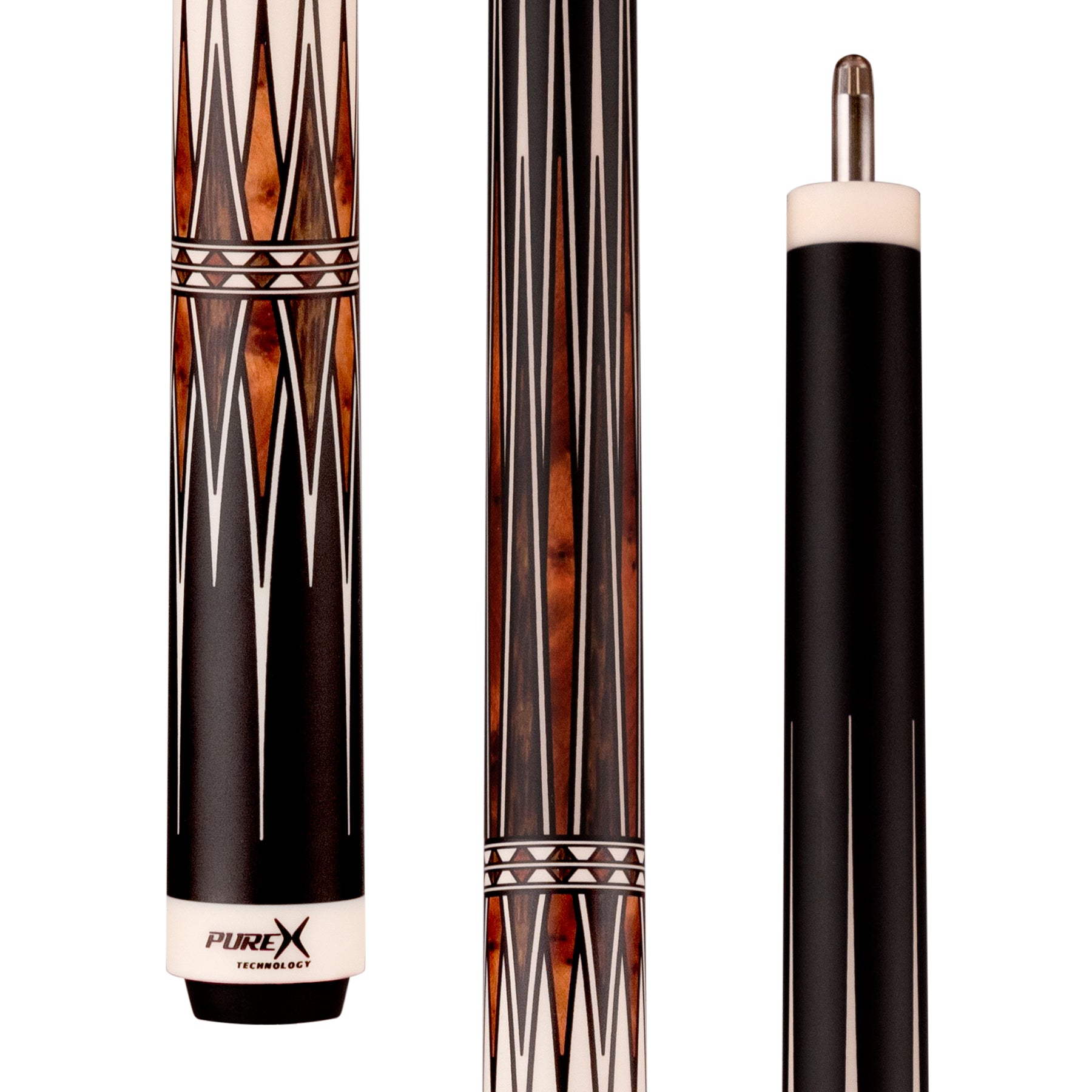 Pure X Shadow Ember Cue Butt with black and wood point designs. PX01-B18T
