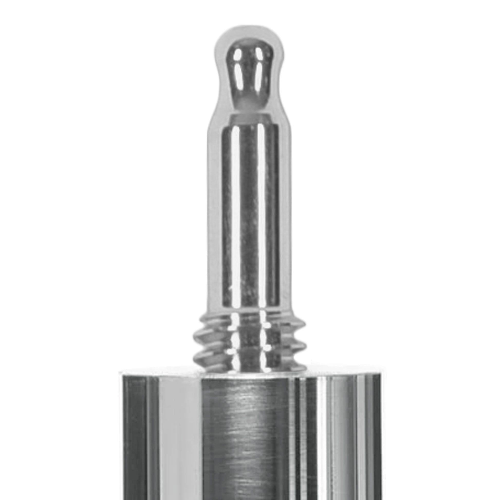 Close-up of a pool cue joint pin with threaded end.