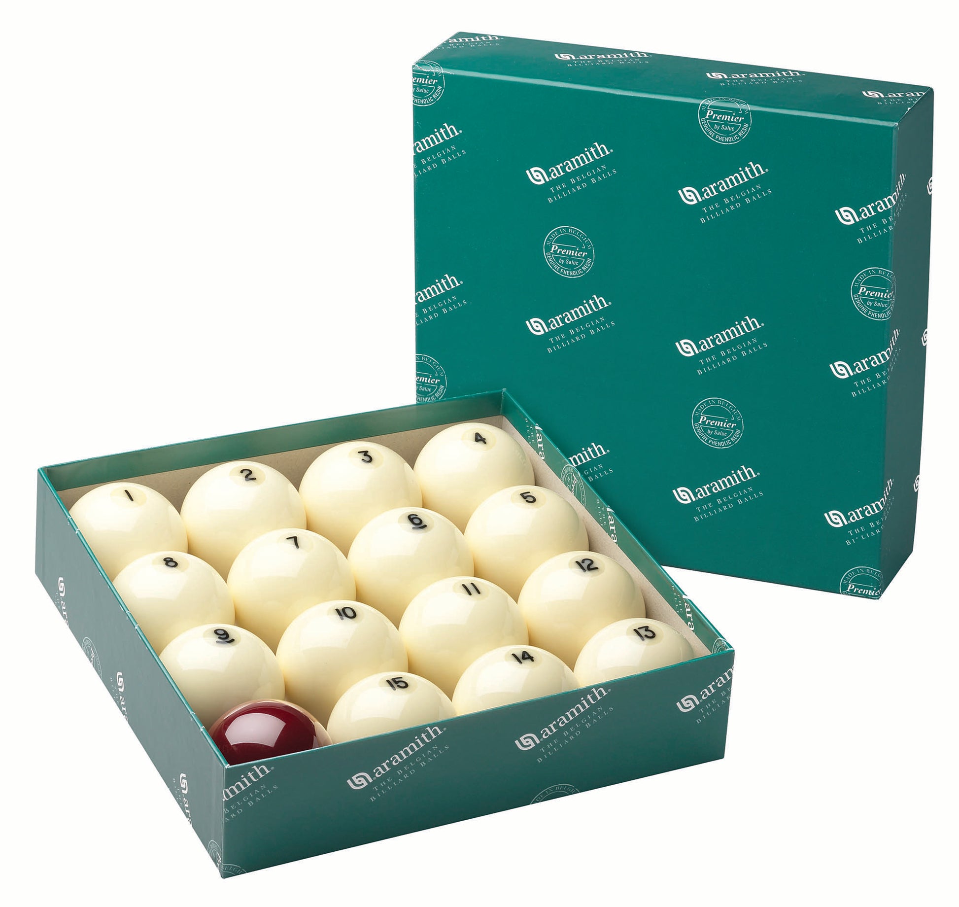 Full view of the billiard balls set in its box.