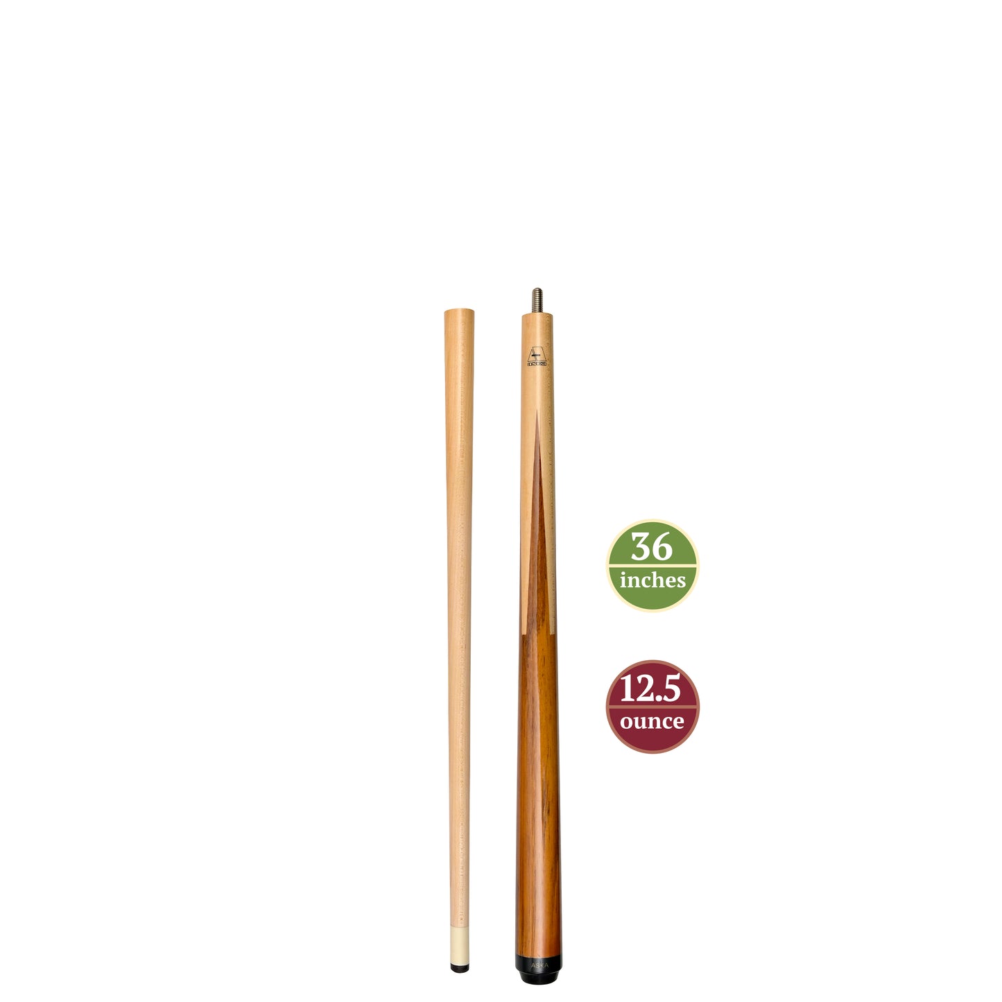 Short pool cue butt and separate shaft with size and weight graphics.