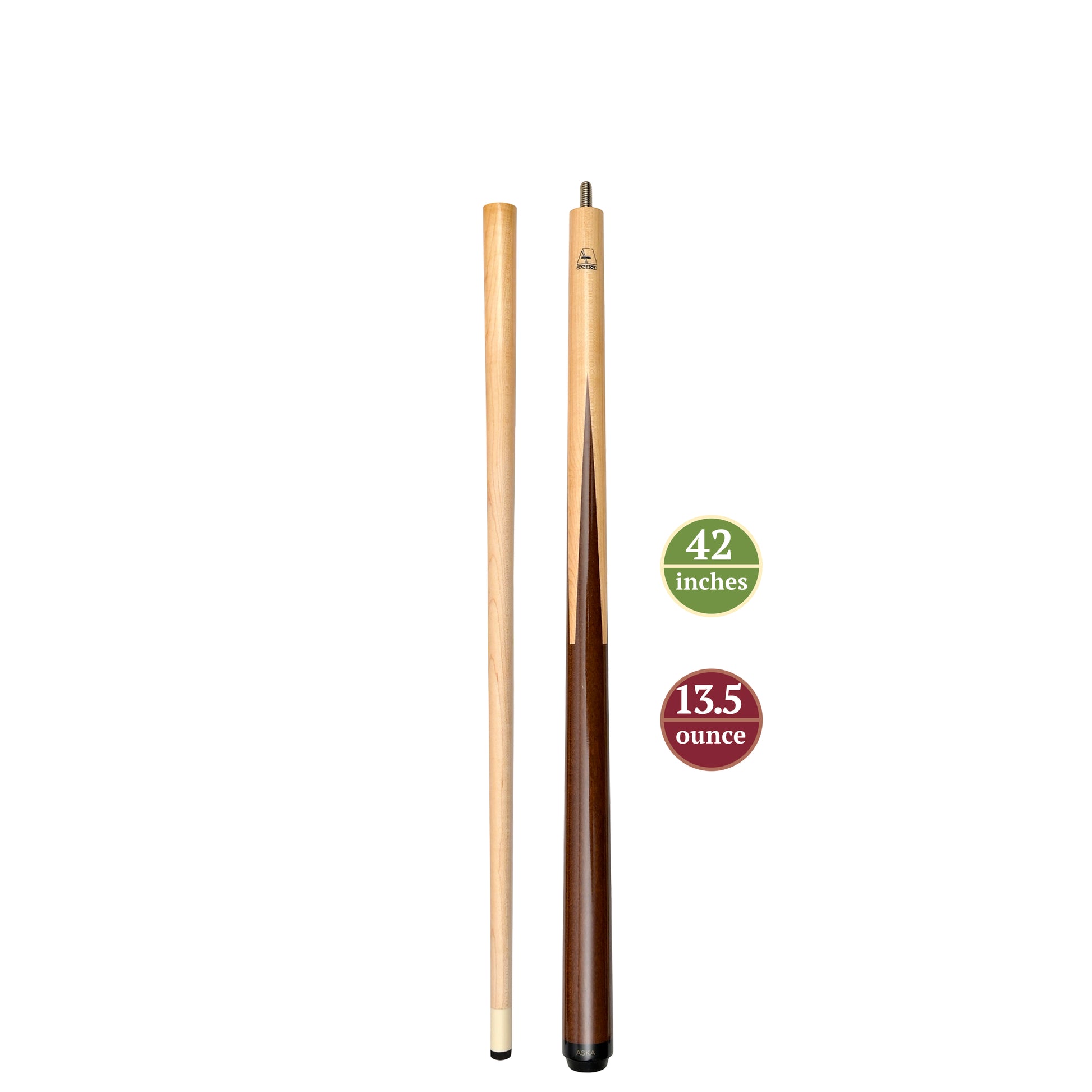 Short pool cue and separate shaft with size and weight infographics