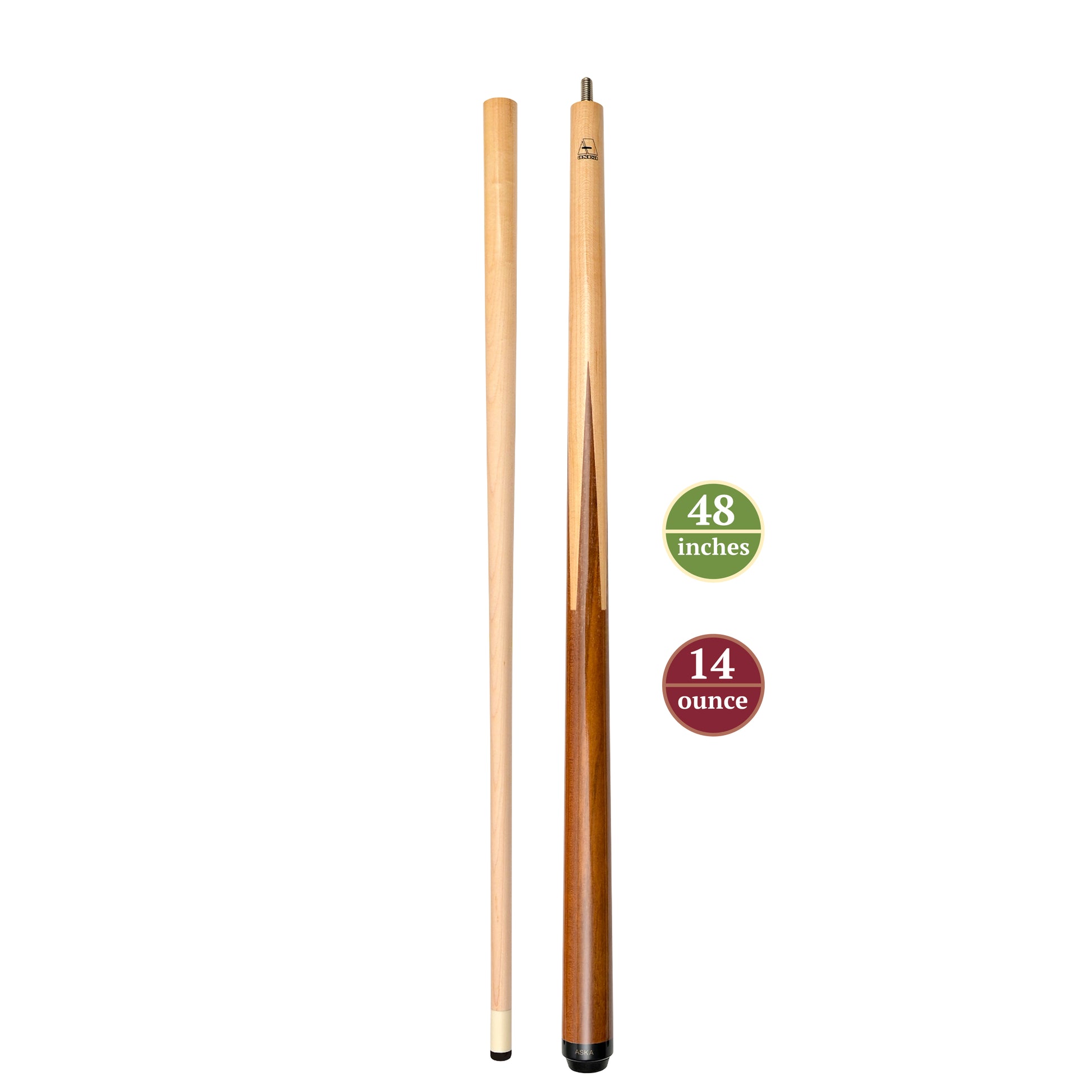 Short pool cue with 48 inches and 14 ounce labels.