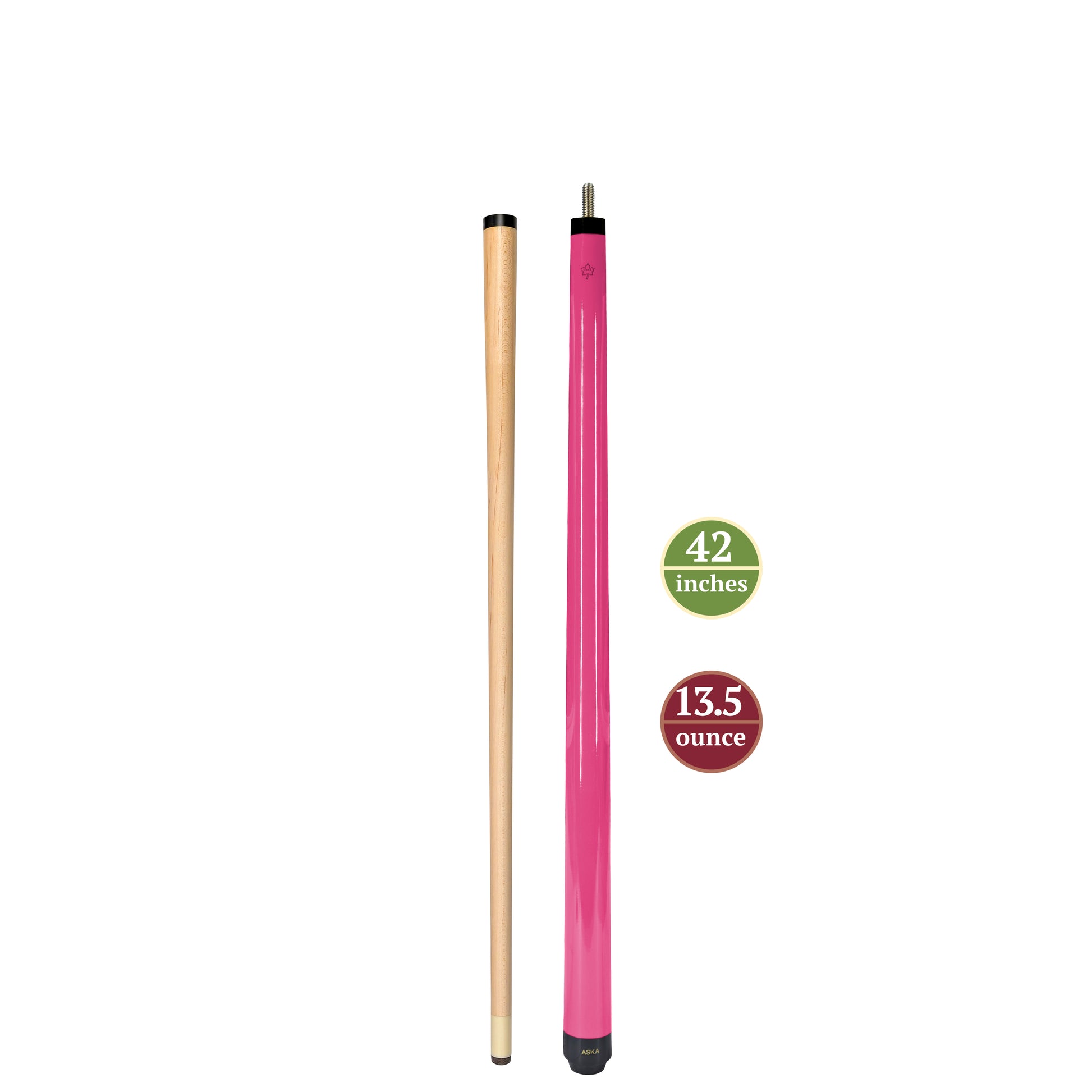 ASKA Neon Pink 42" Short Pool Cue – 13.5 oz Youth Cue, Maple Shaft, 13mm Tip, 2-Piece