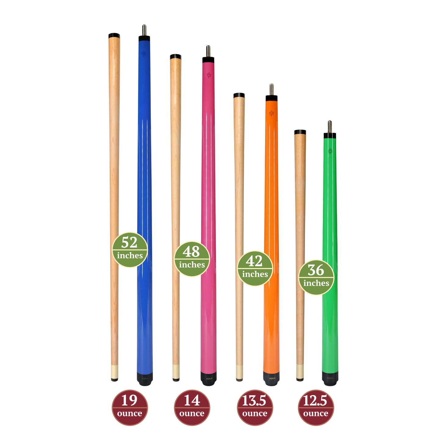 Set of Aska Mixed Length Cues SWP, Canadian Hard Rock Maple Billiard Pool Cue Sticks, Short, Kids Cues, SWP4
