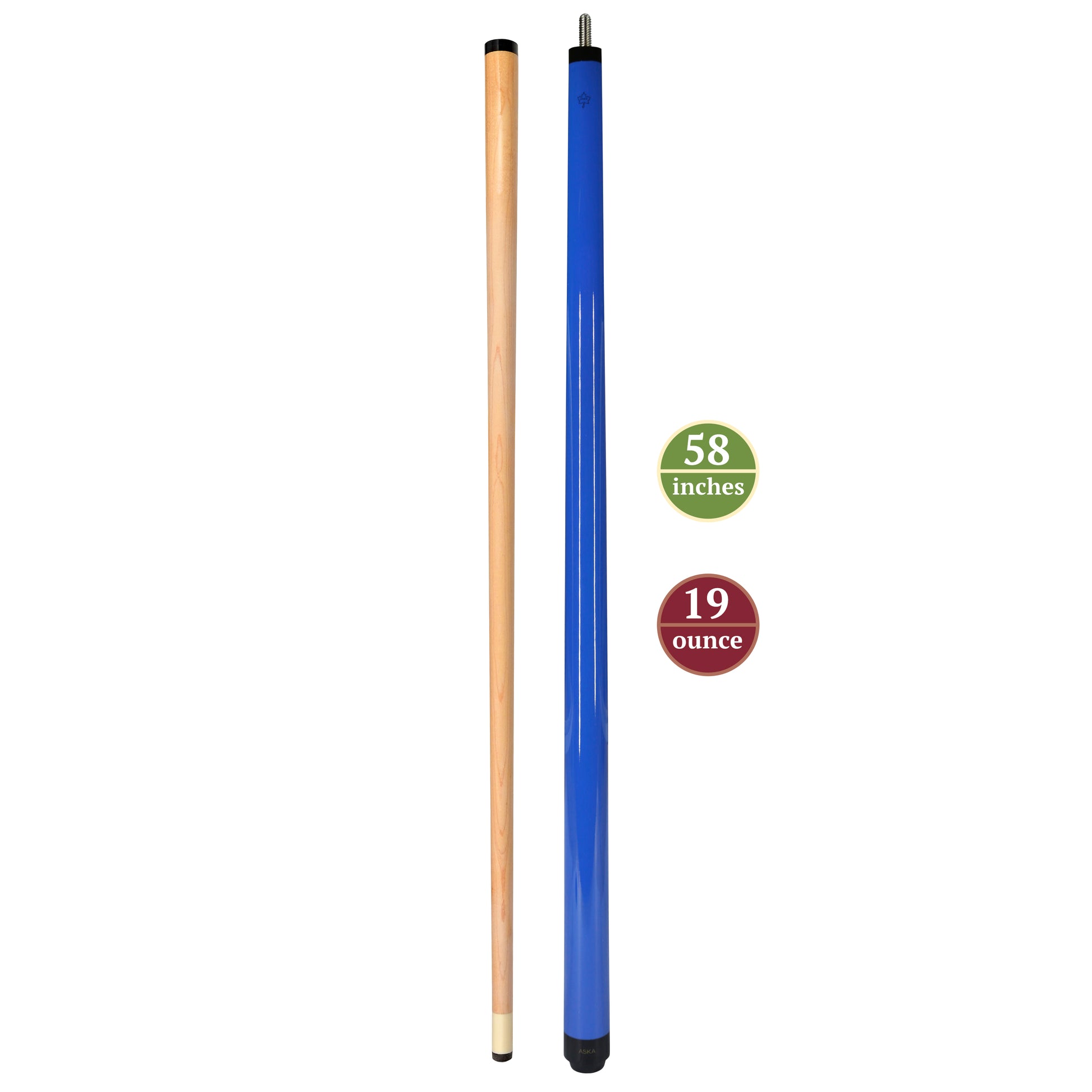 ASKA Bright Blue 58" Pool Cue – 19 oz, Canadian Maple Shaft, 13mm Tip, 2-Piece
