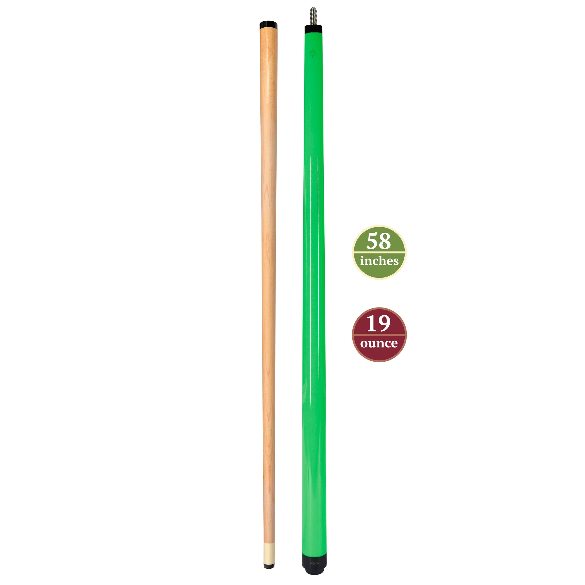 ASKA Neon Green 58" Pool Cue – 19 oz, Canadian Maple Shaft, 13mm Tip, 2-Piece