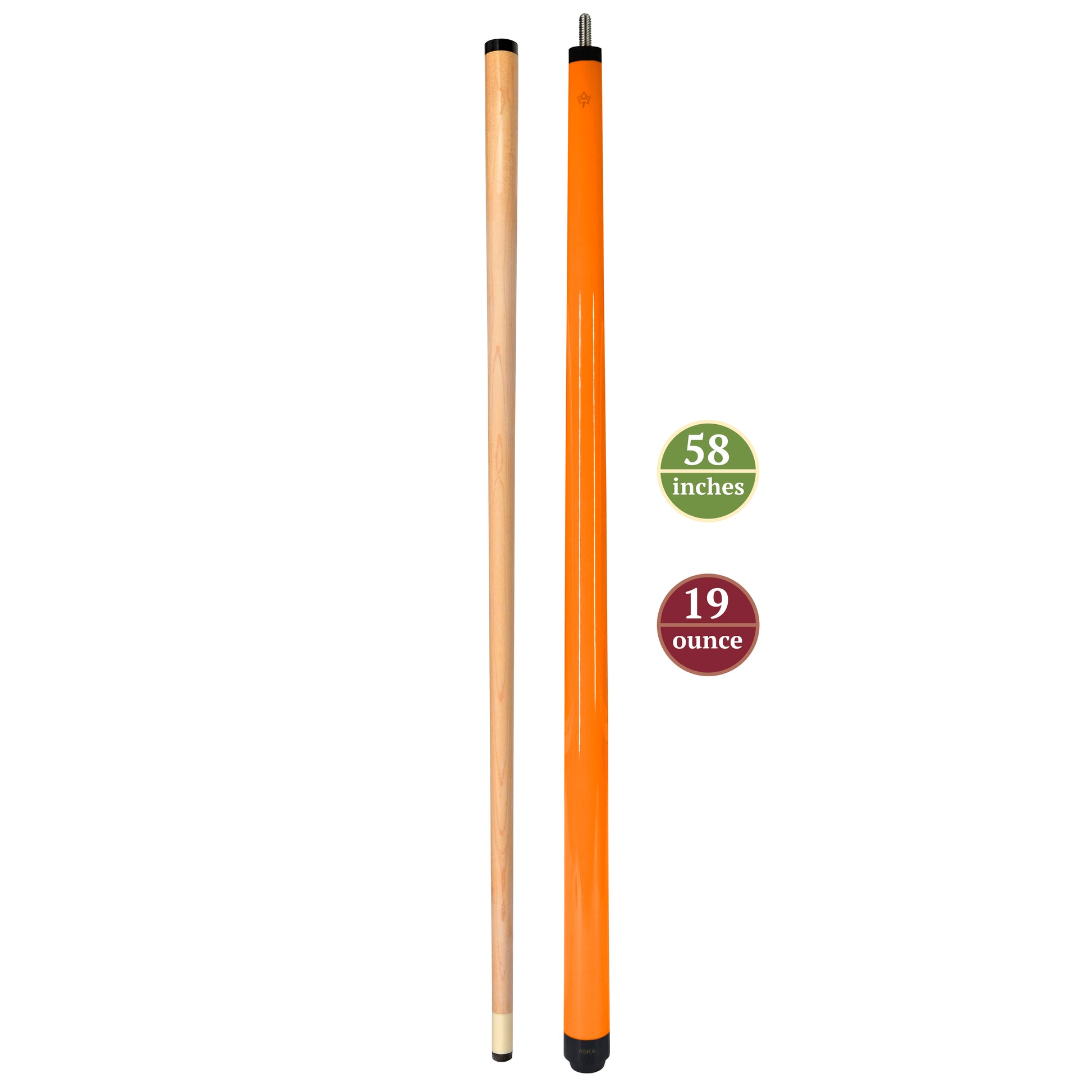 ASKA Blaze Orange 58" Pool Cue – 19 oz, Canadian Maple Shaft, 13mm Tip, 2-Piece