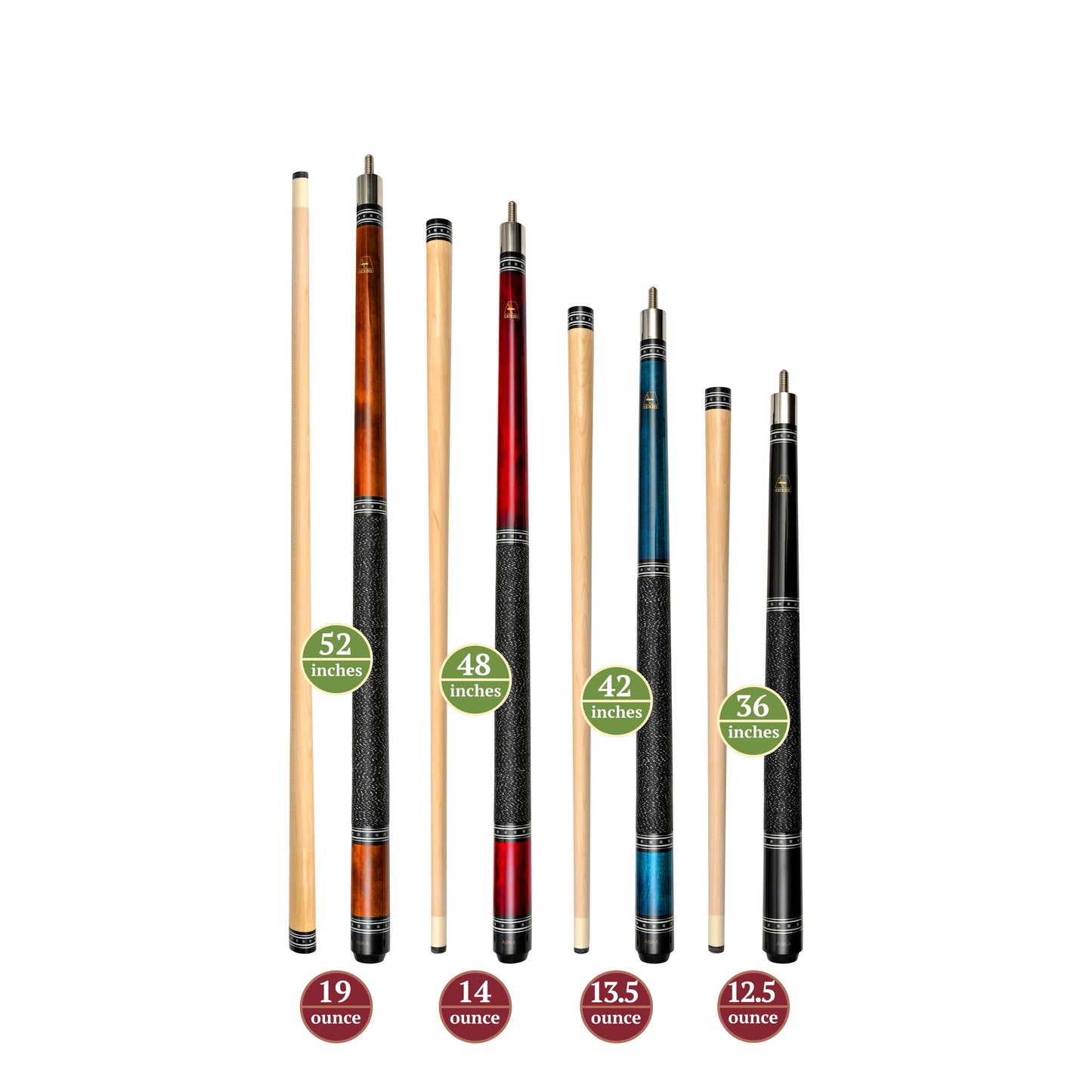 Set of 4 Short Pool Cues – ASKA Irish Linen Wrap Cue Set with Ring Design for Game Rooms (L9CS) billiard pool cue stick by ASKA