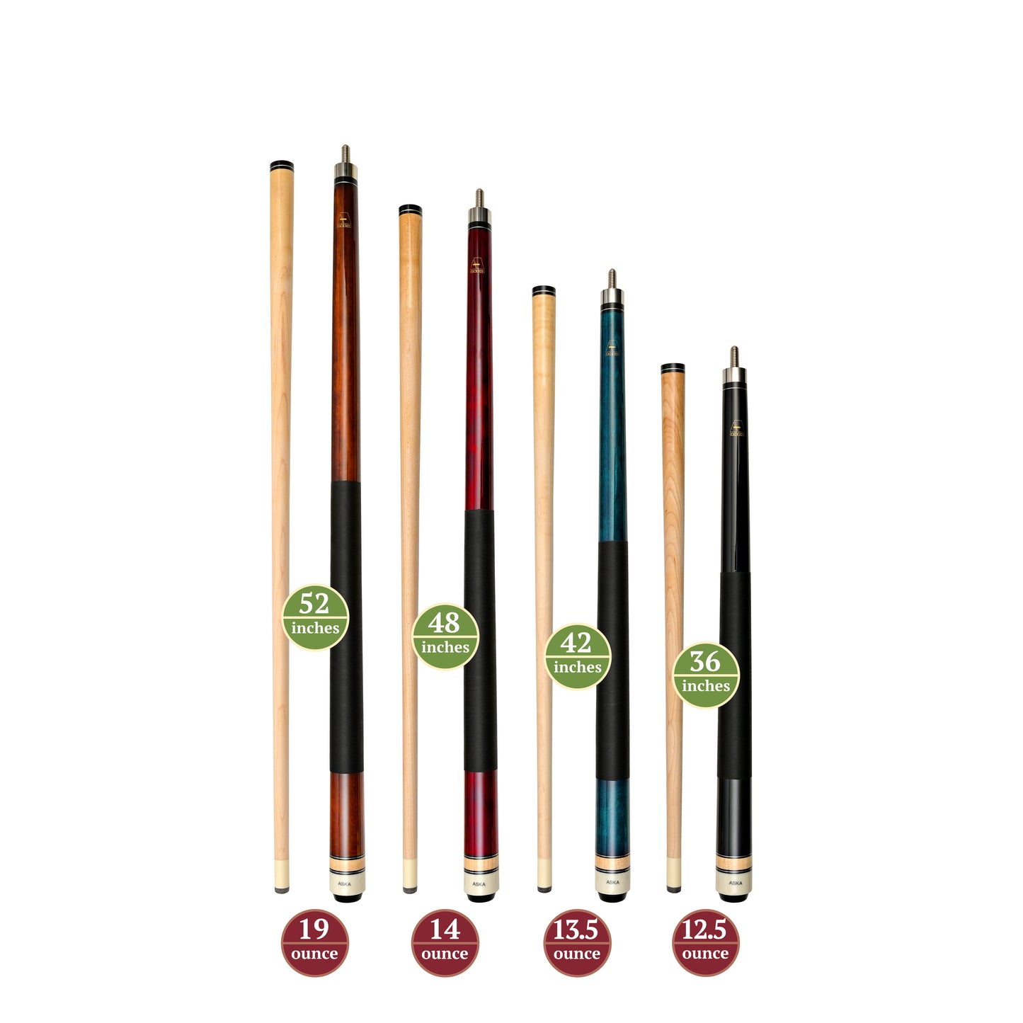 Four short pool cues with length and weight callouts.