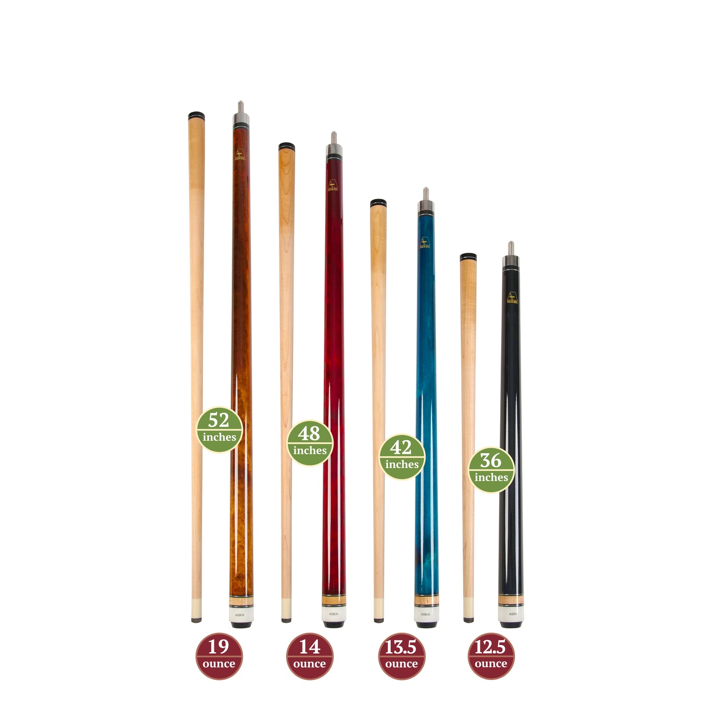 Set of 4 Short Pool Cues – ASKA Wrapless Colorful Cue Set for Small Spaces & Game Rooms (LCSN4) billiard pool cue stick by ASKA