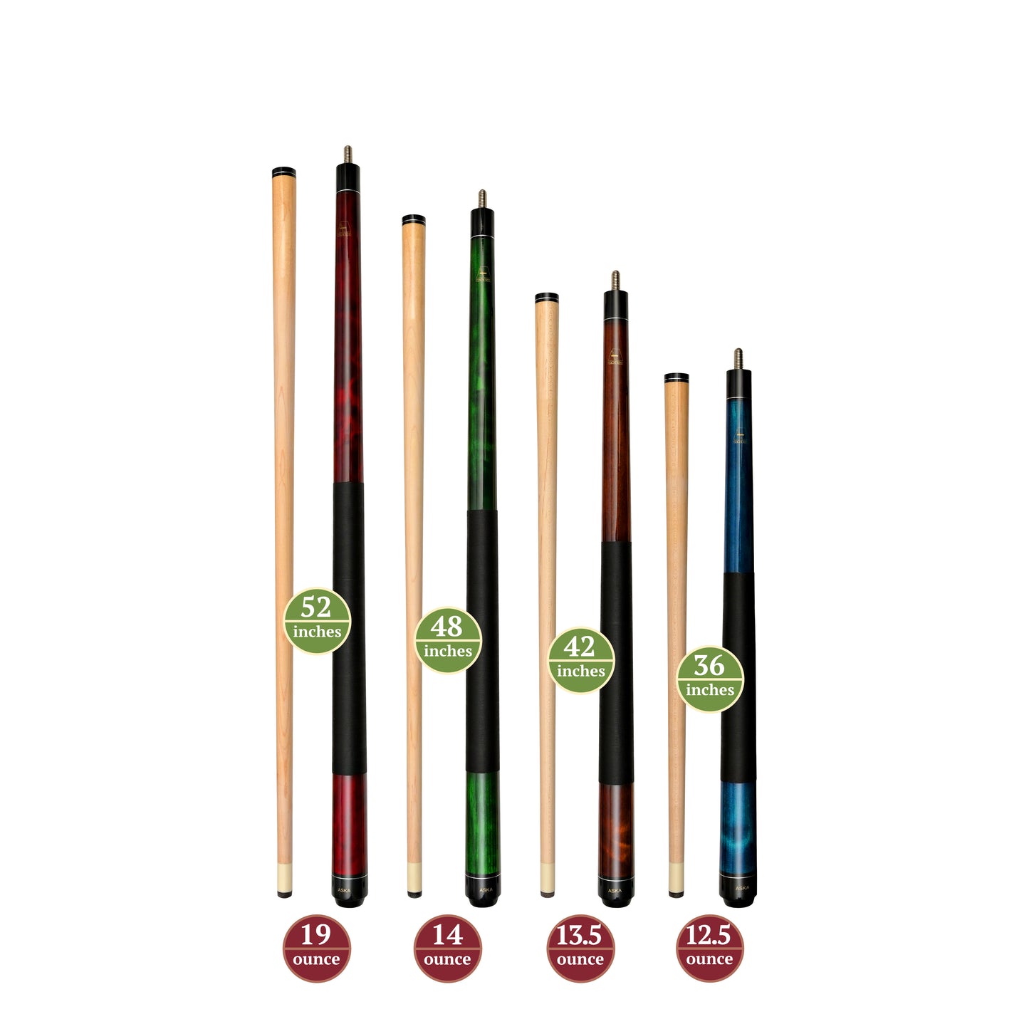Set of 4 Short Pool Cues – ASKA Mixed Length Cue Set for Small Spaces & Game Rooms (LS4) billiard pool cue stick by ASKA