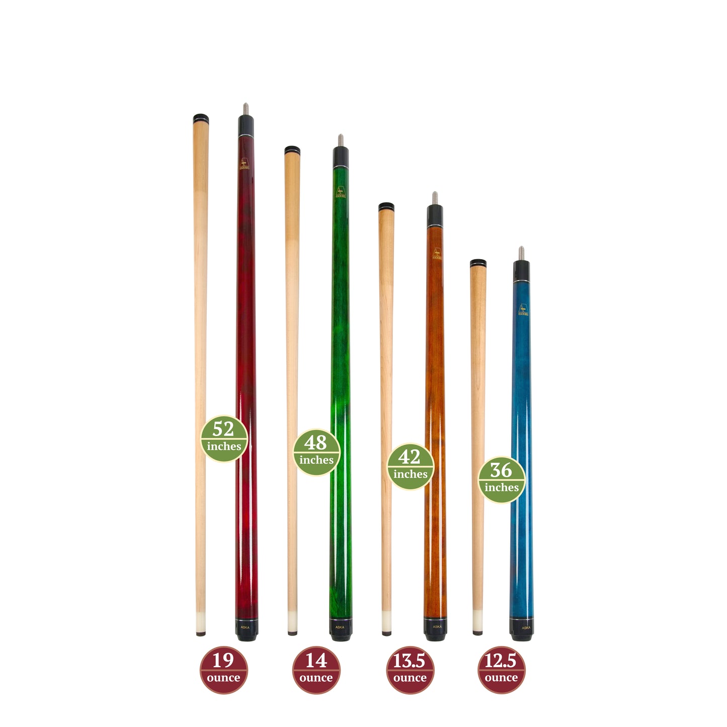 Set of 4 Short Pool Cues – ASKA Wrapless Mixed Length Cue Set for Small Spaces & Game Rooms (LS4N) billiard pool cue stick by ASKA