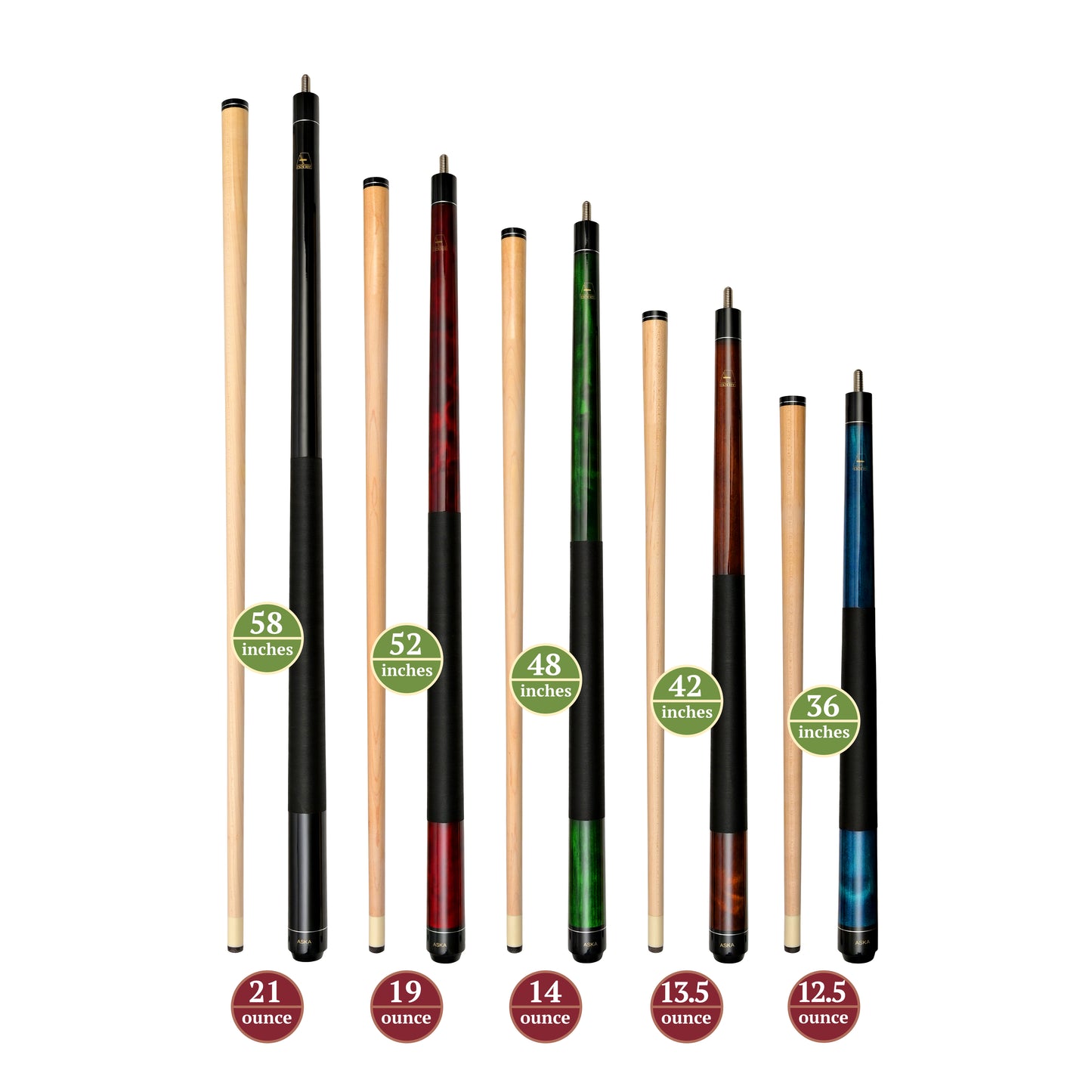 Set of 5 Short Pool Cues 36" 42" 48" 52" 58" – ASKA Cue Set for Small Spaces (LS5) billiard pool cue stick by ASKA