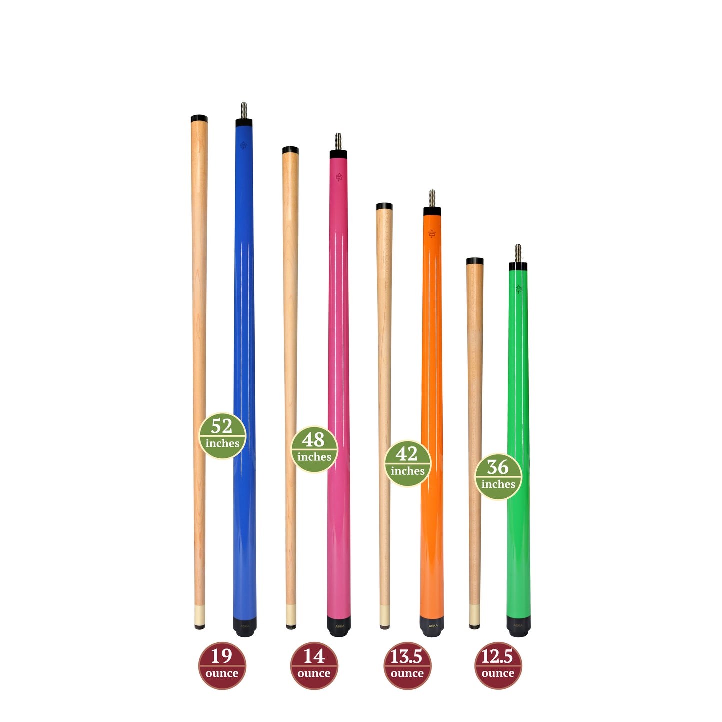 Set of Aska Mixed Length Cues SWP, Canadian Hard Rock Maple Billiard Pool Cue Sticks, Short, Kids Cues, SWP4