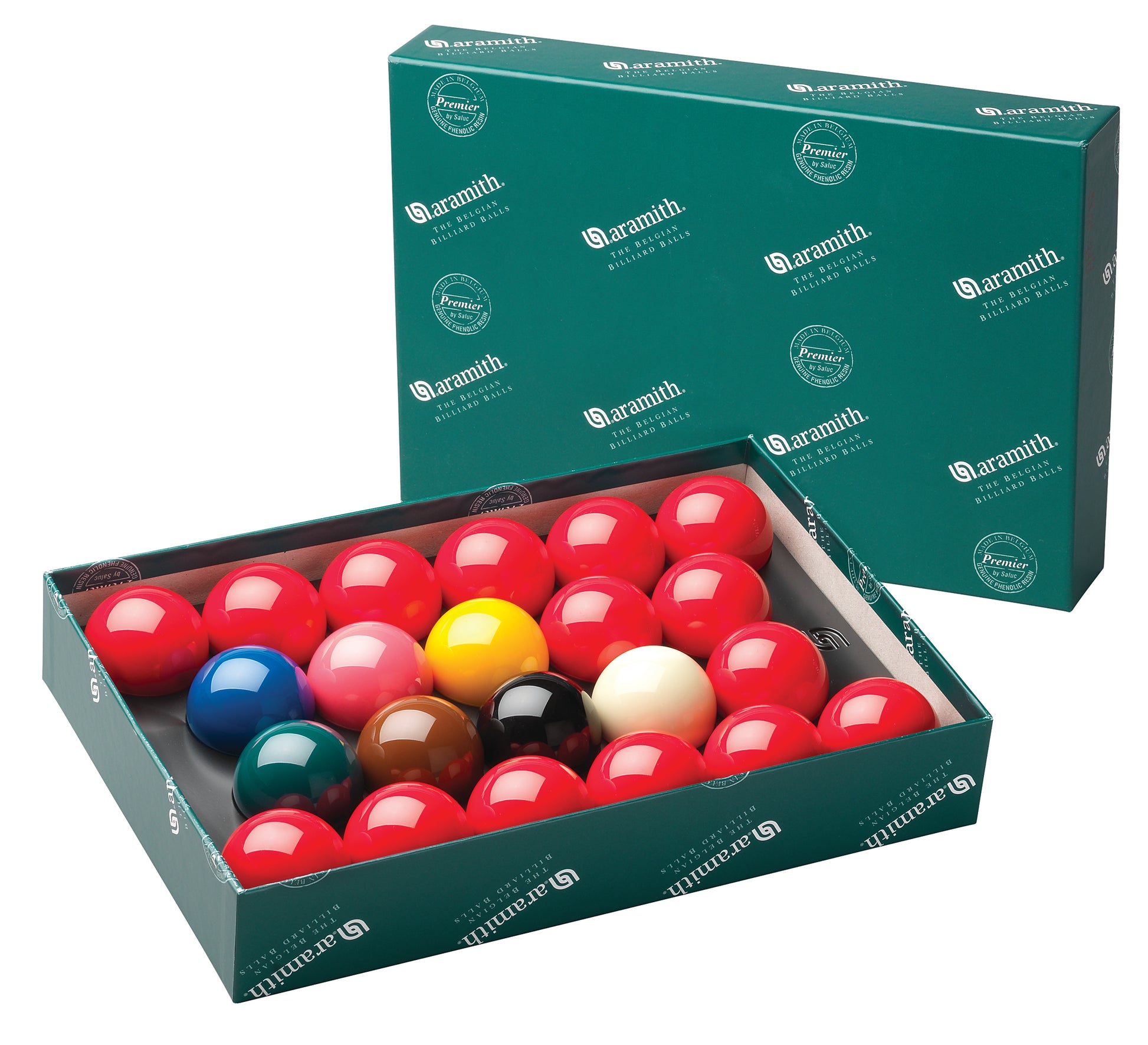 ARAMITH Premier Snooker Ball Set in open green packaging. ASNK2116