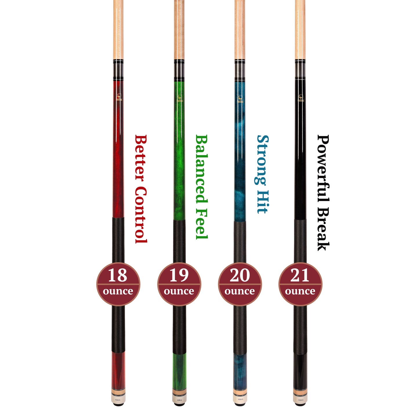 Set of 4 Aska L2 Billiard Pool Cues, 58" Hard Rock Canadian Maple, 13mm Leather Tip, Mixed Weights, L2S4 billiard pool cue stick by ASKA