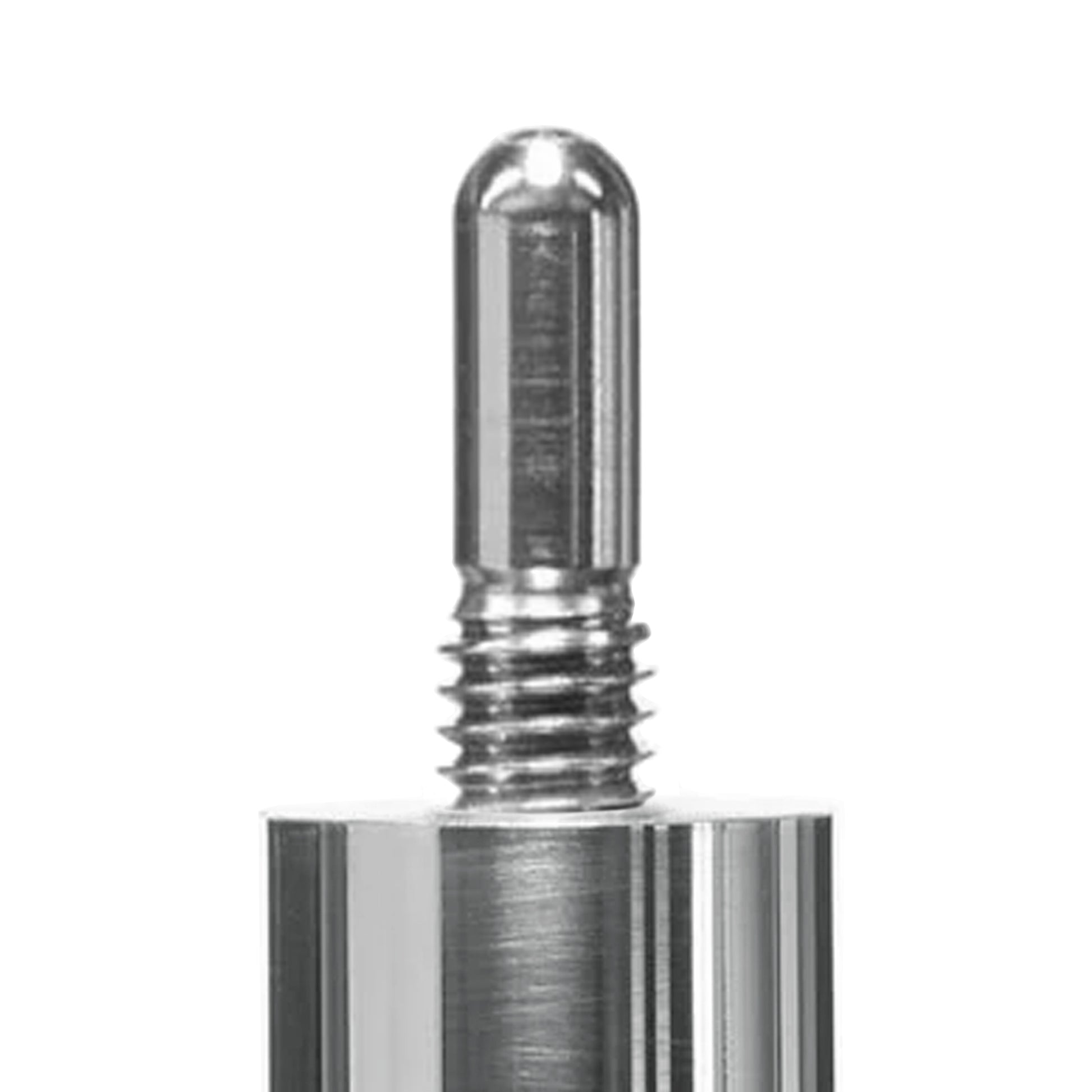 Close-up of threaded pin and rounded tip on a pool cue joint protector.