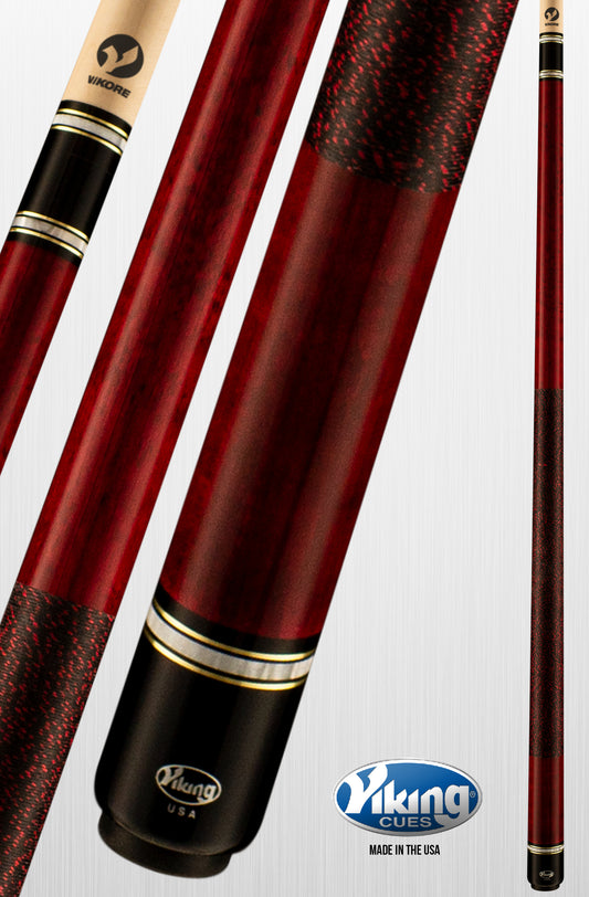 Viking Storm pool cue featuring red stained wood and black textured grip. ST0412