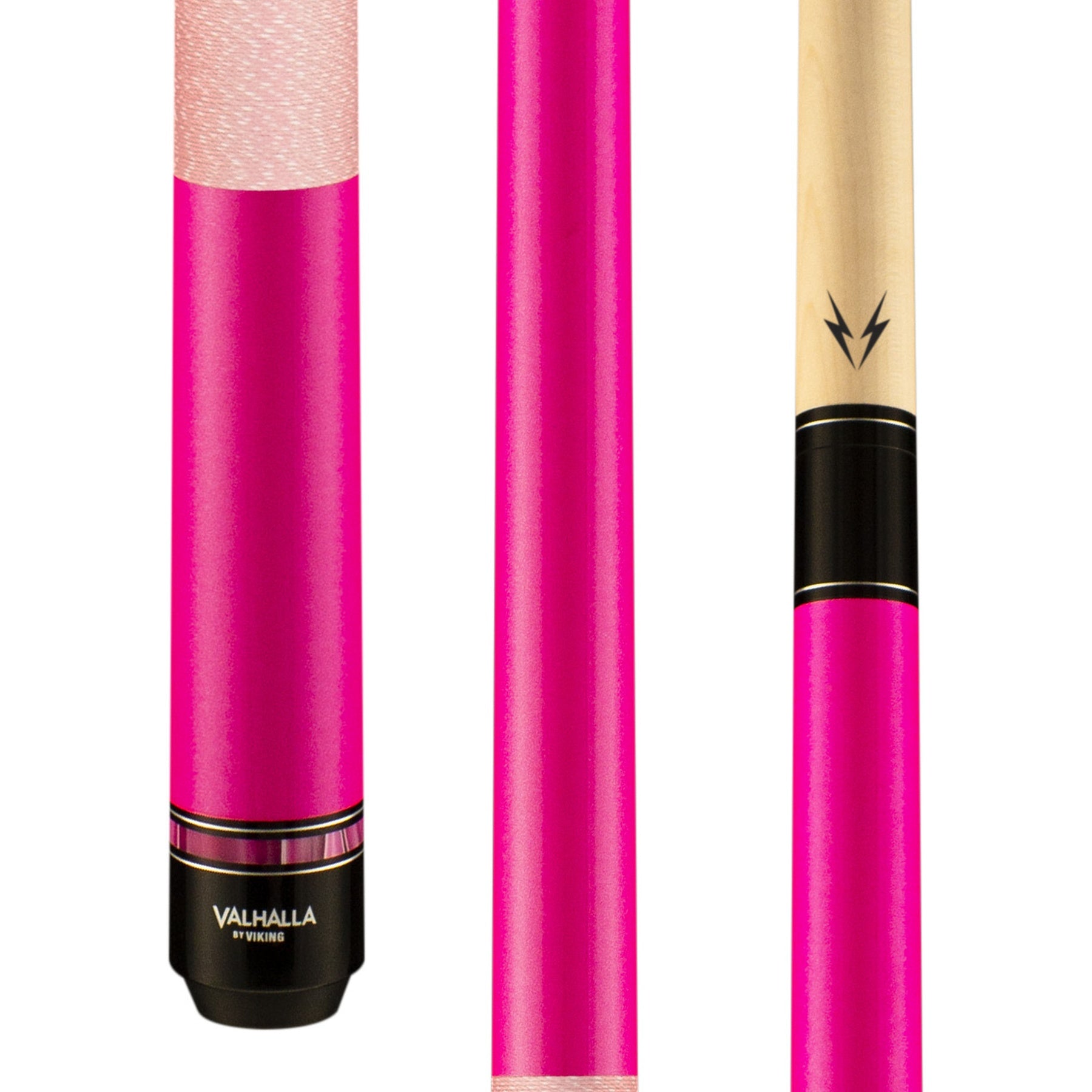 Close-up of the butt section and shaft of the pink pool cue.