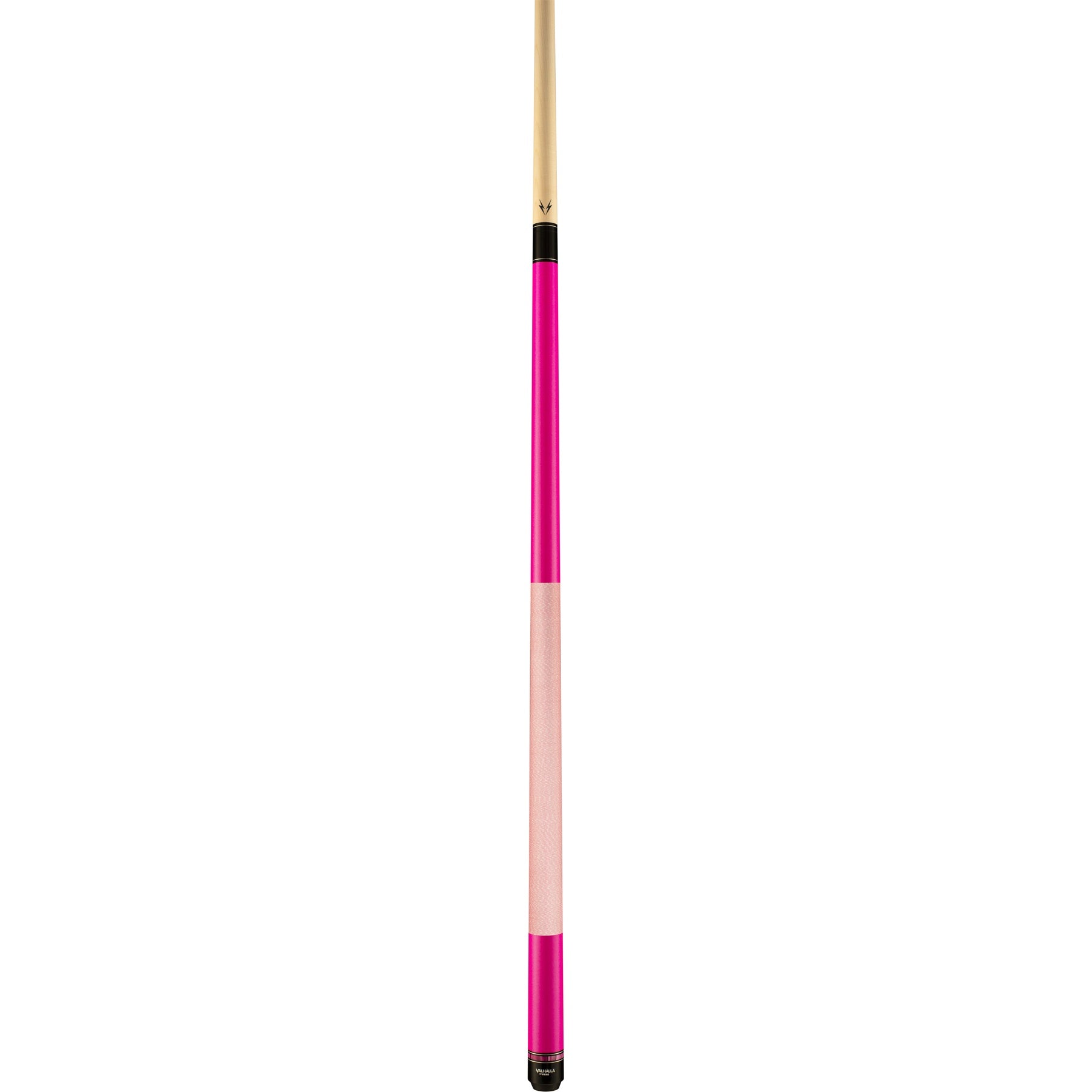 Angled view of the two-toned pink cue stick.