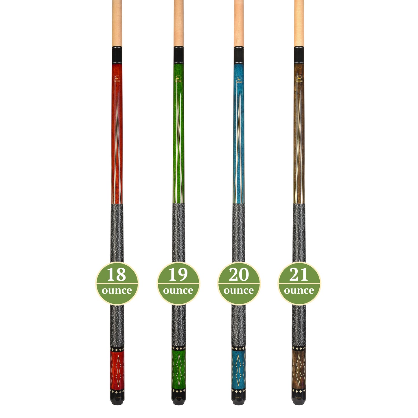 ASKA Set of 4 Pool Cue Sticks 58", Hard Rock Canadian Maple, 13mm Hard Glued On Tip, Mixed Weights and Colors, L22S4