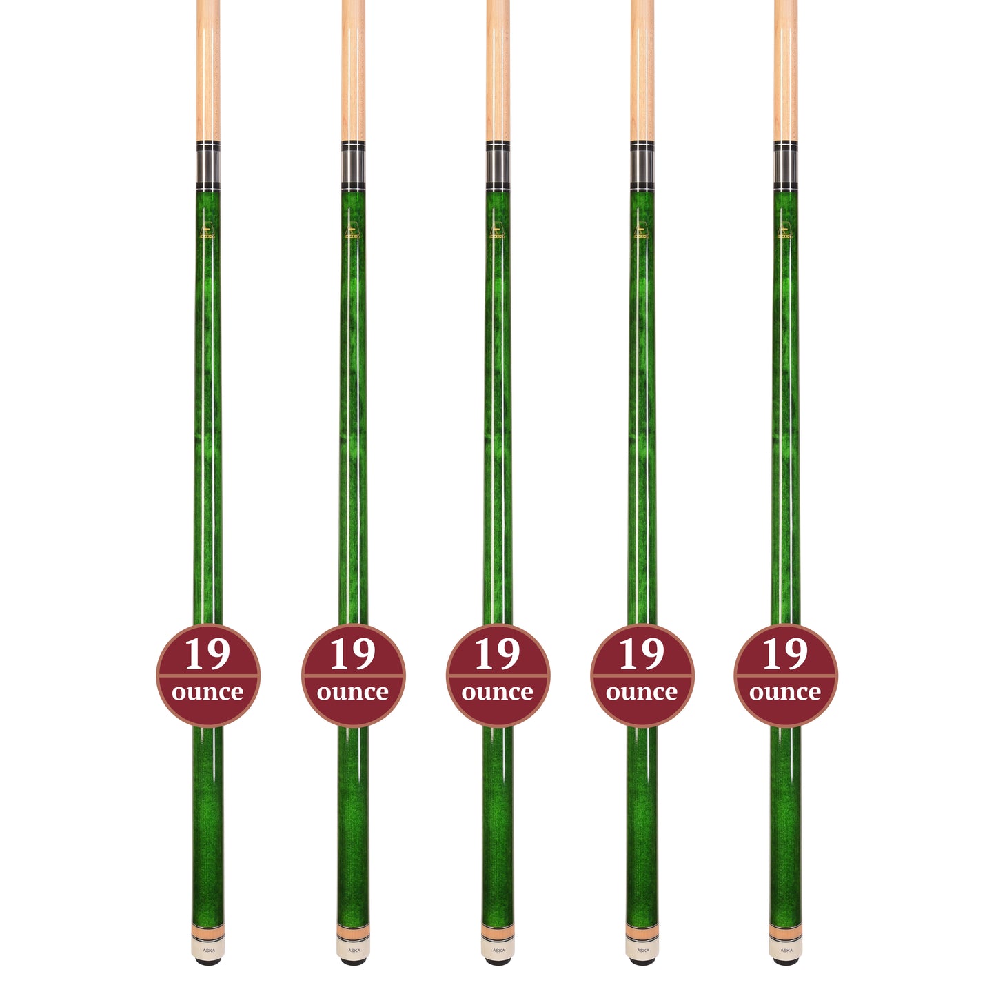 Set of 5 Aska L3 Green Pool Cue Sticks, 58", 13mm Tip, Hard Rock Canadian Maple Shaft, Wrapless, L3S5GRN