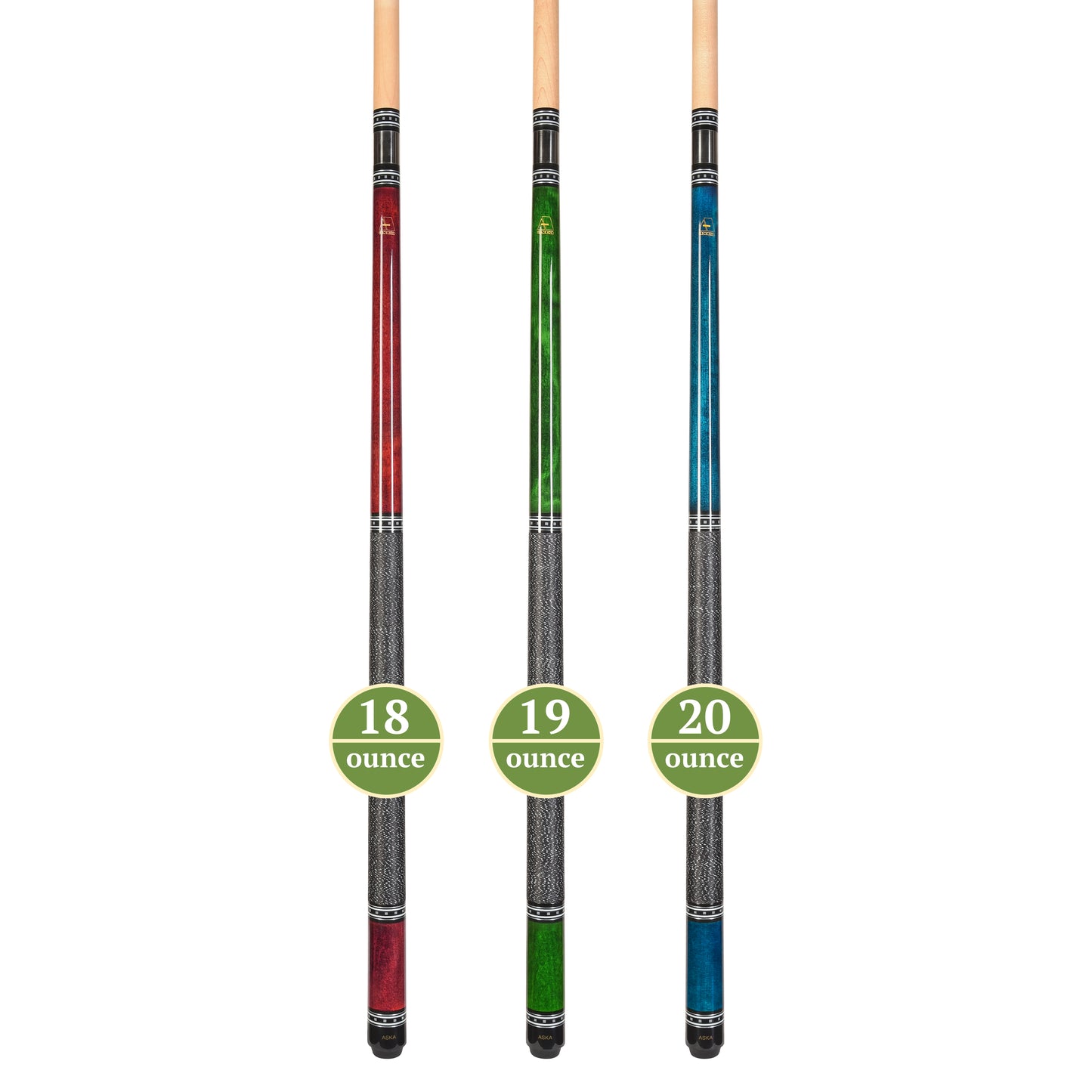 Set of 3 ASKA L9 Pool Cue Sticks 58", 2-Piece Construction, 5/16x18 Joint, Hard Rock Canadian Maple, 13mm Hard Glued On Tip, Mixed Weights and Colors, L9S3