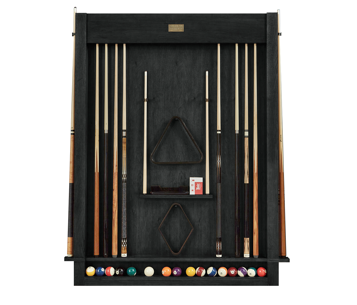 American Heritage Alta wall-mounted cue rack with 12 cue capacity, black ash finish