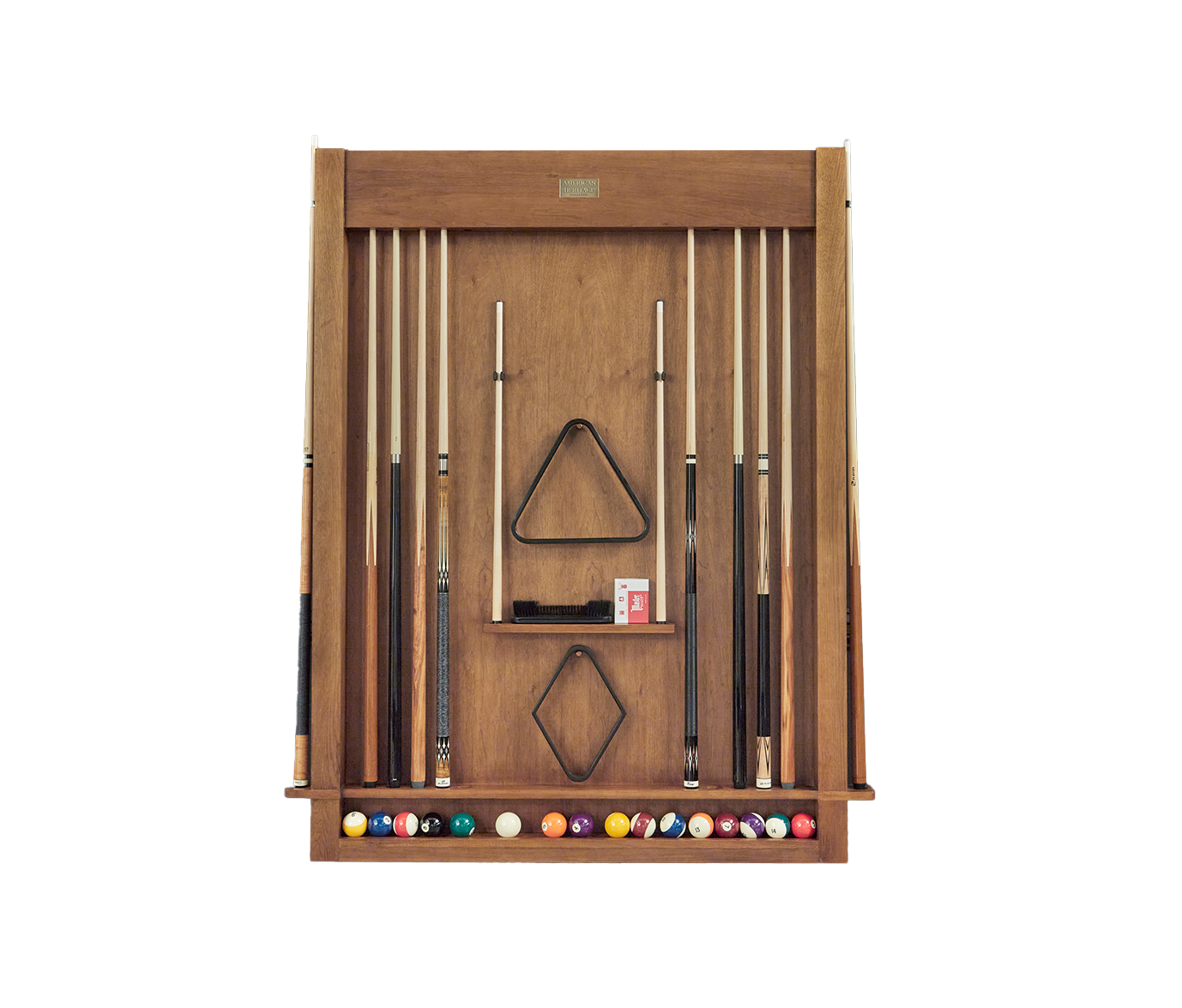 American Heritage Alta wall-mounted cue rack with 12 cue capacity and brushed walnut finish
