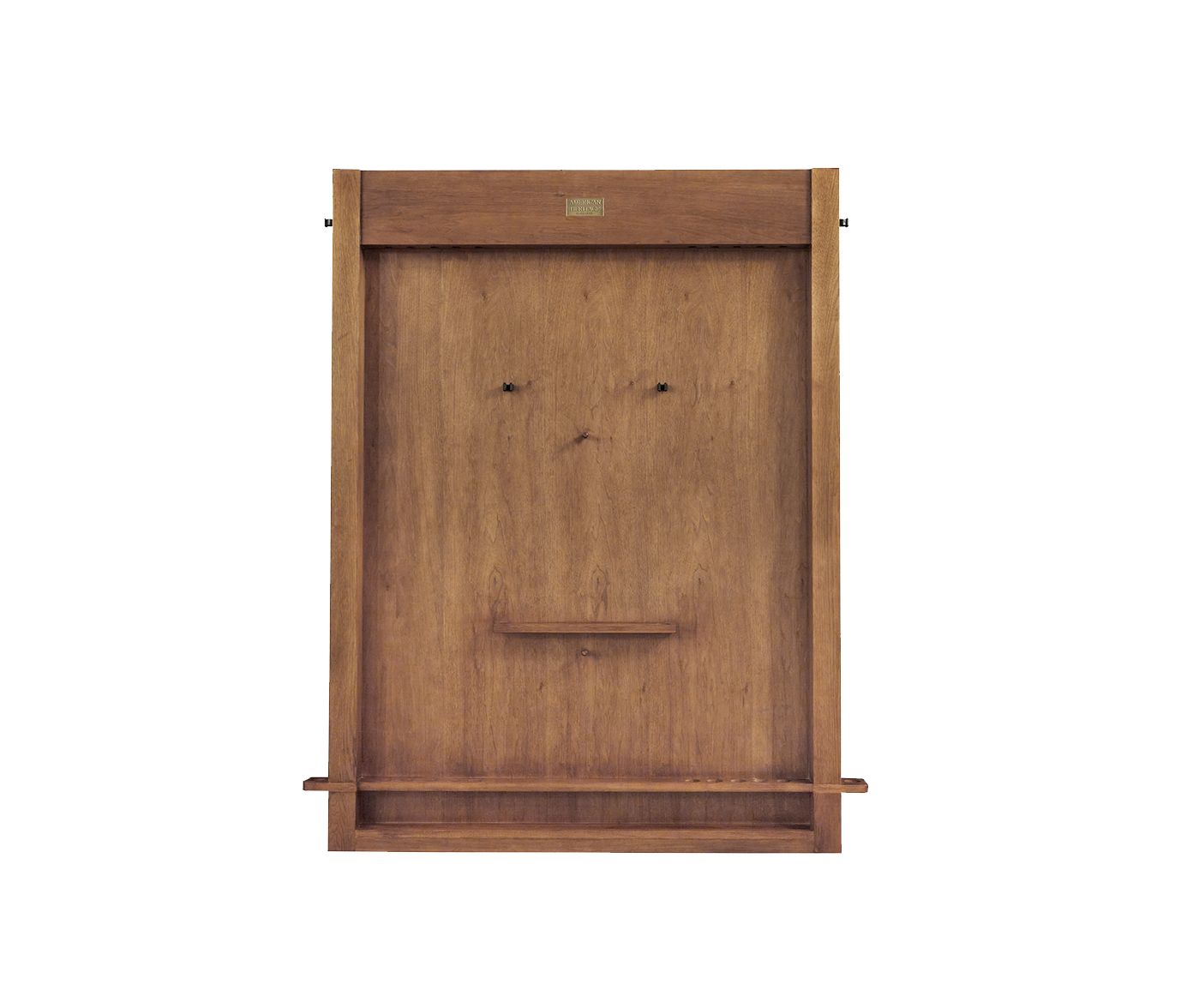 Back panel view of cue rack showing closed walnut wood surface and mounting hardware