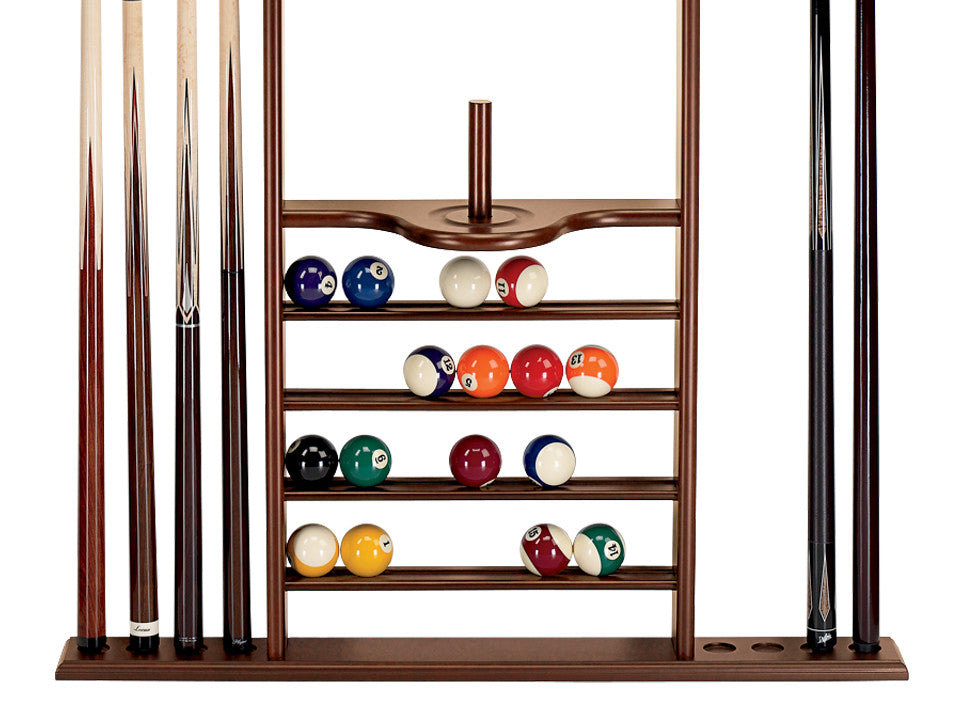 HJ Scott 7-Cue Wall Rack Old World Mahogany - detail