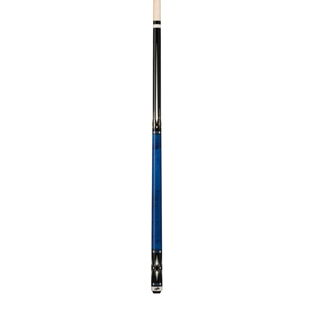 Full view of the SE pool cue with blue accents.