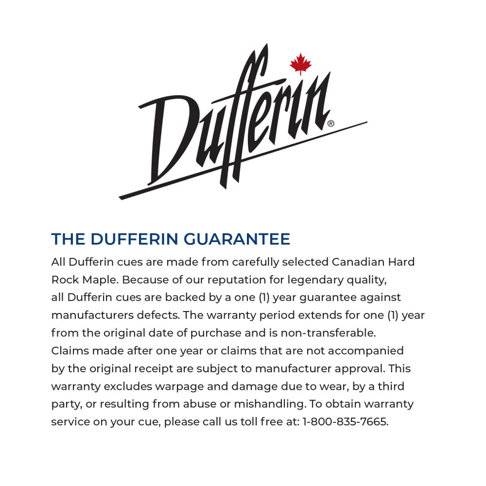 Text graphic detailing the guarantee for billiard cues.