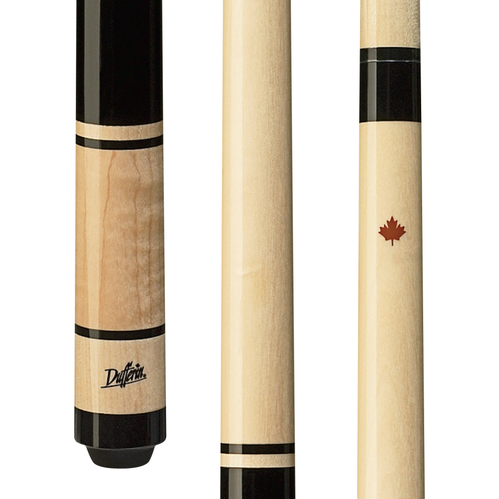 Dufferin D-901 break cue showing wood grain, black grip, and Canadian maple leaf logo.